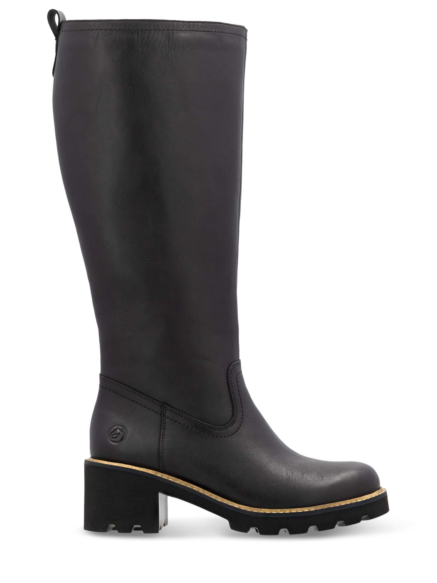 Remonte 04779 Wide ullfôrede skinnstøvler har en høy, svart design med høy hæl, robust såle, avrundet tå og diskrete sømmer - perfekt vinterkomfort og stil. Vist i sideprofil på hvit bakgrunn.