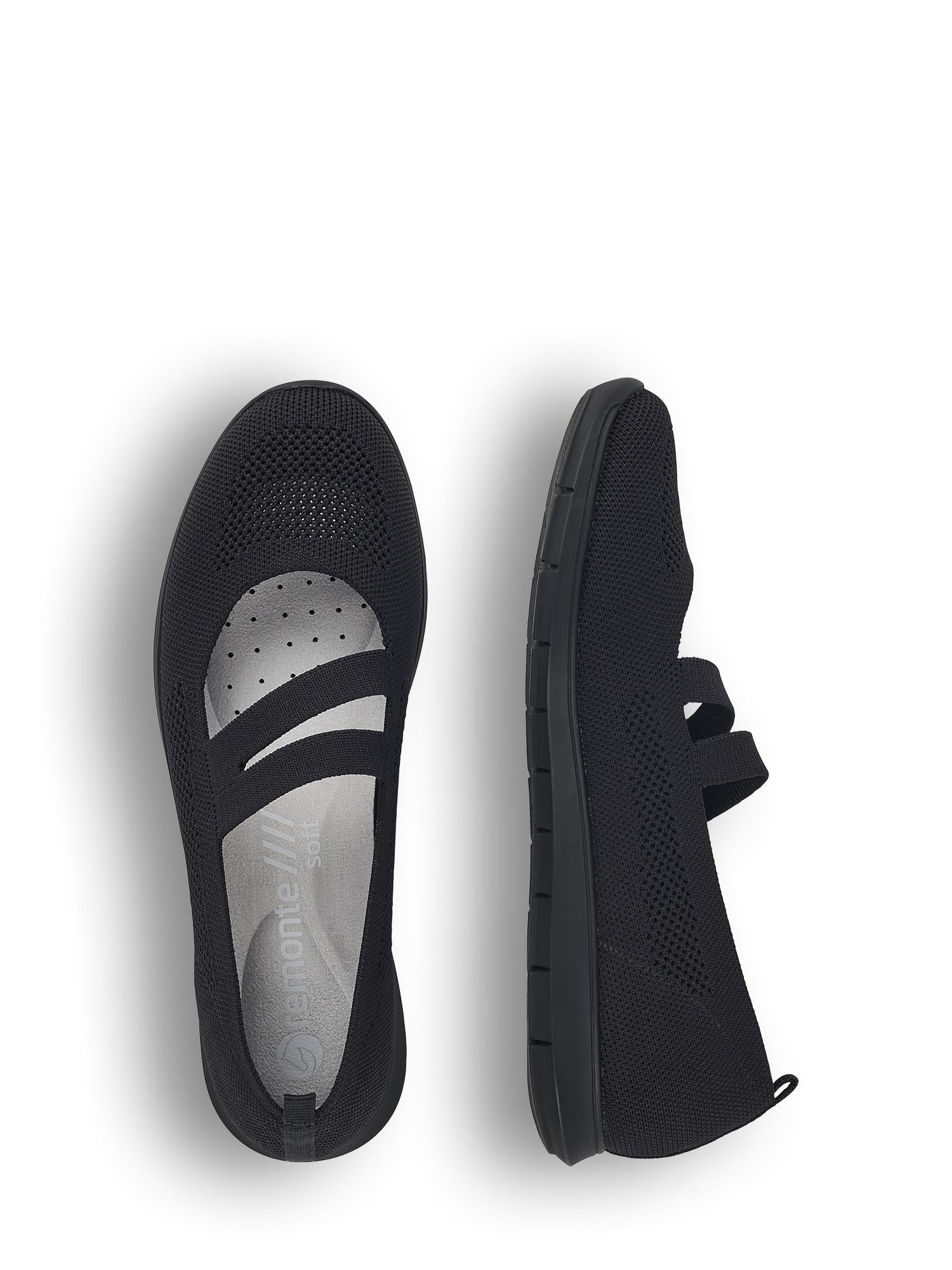 Remonte 03310 Comfort Charm Ballerina har overdel i pustende mesh, elastiske reimer, polstrede innleggssåler og fleksible yttersåler i gummi - perfekte sommersko for damer. Den ene skoen er vist ovenfra og ned, den andre fra siden.