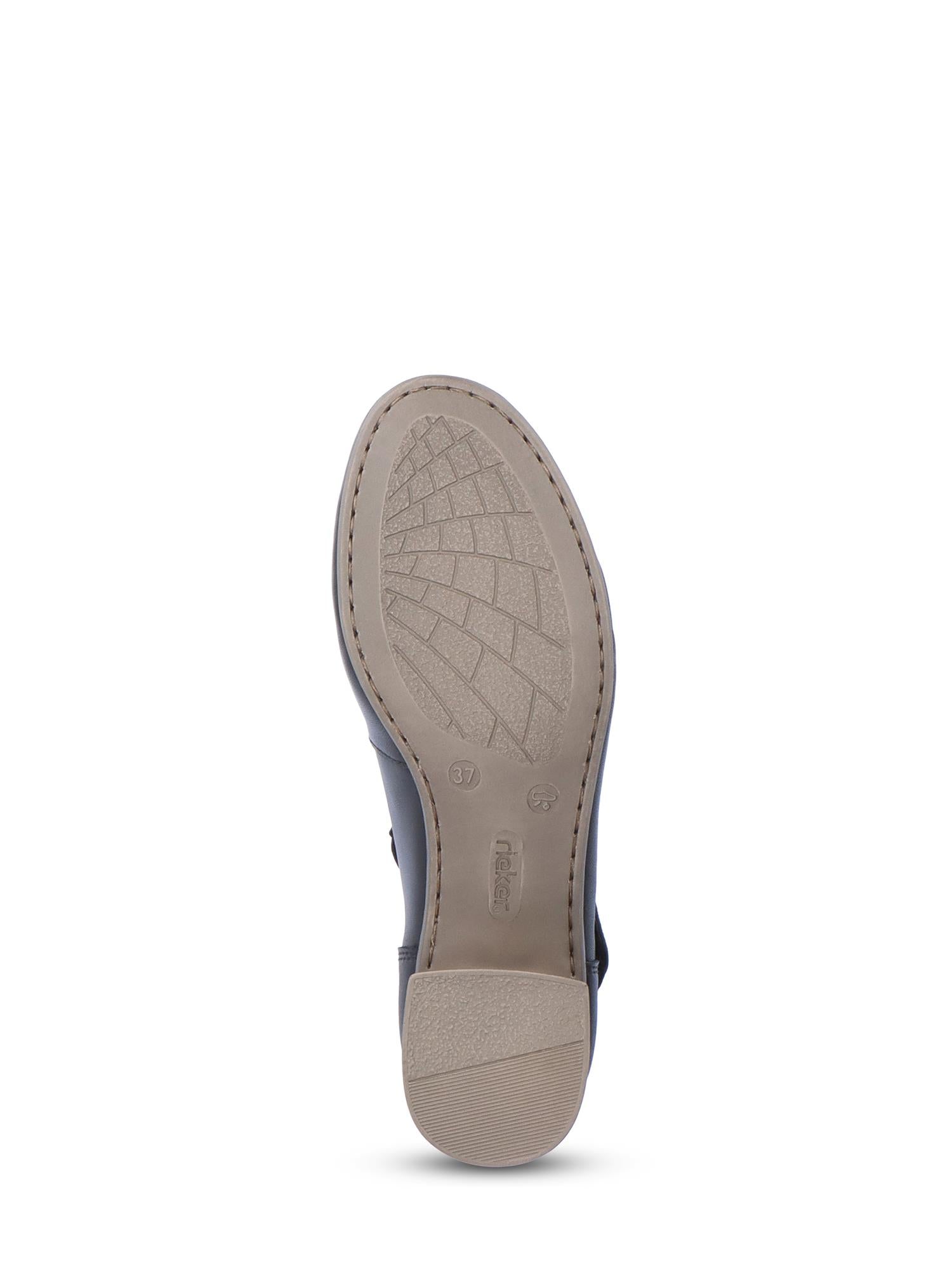 Bildet viser undersiden av en enkelt 06819 Rieker Cross over Pumps-sko fra Rieker Comfort & Style, med støtdempende bunn og strukturert mønster, fotografert mot en hvit bakgrunn.