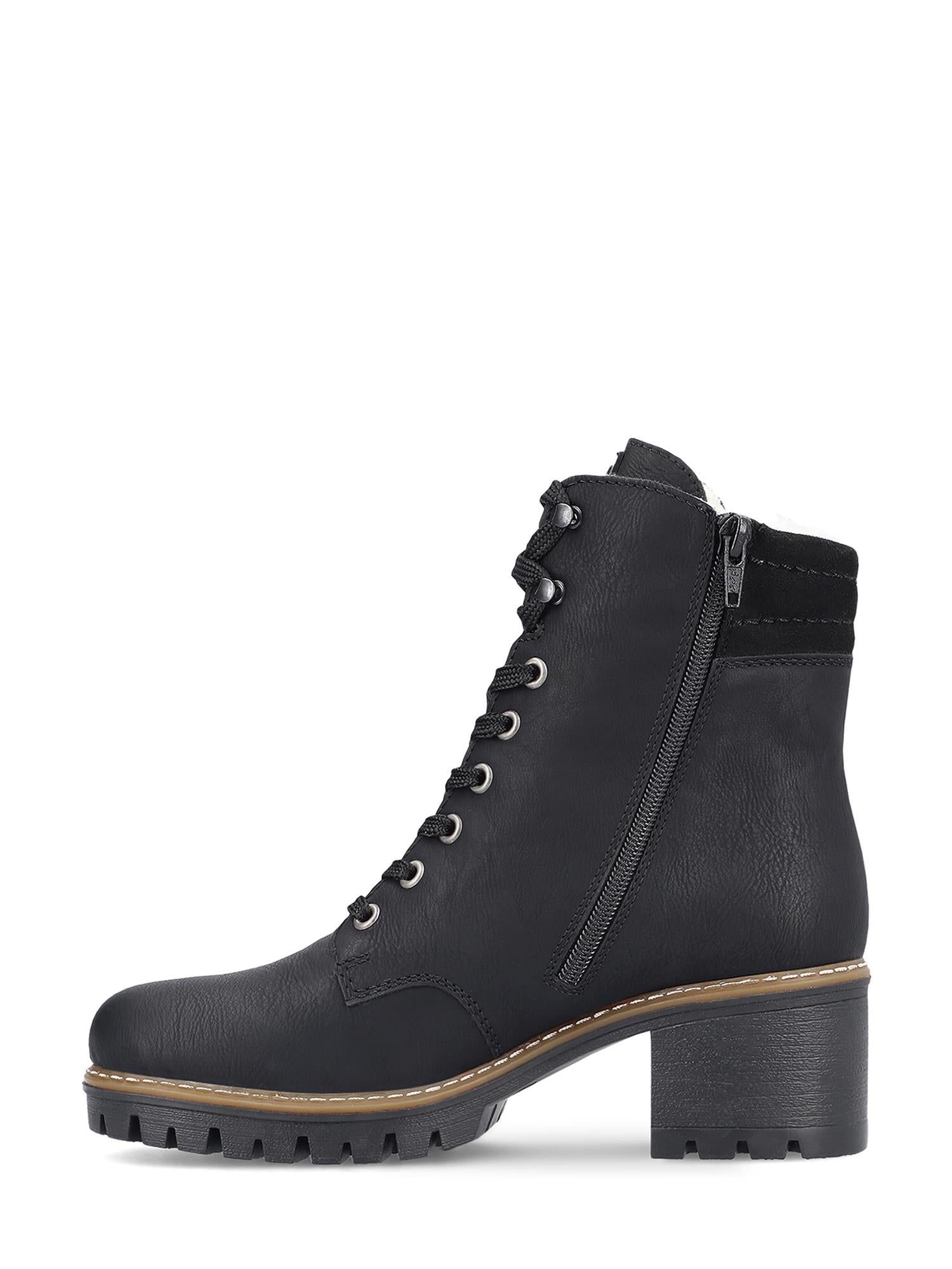 04738 Rieker Warm-lined Boots fra Rieker Comfort & Style har svart skinn, en chunky hæl, glidelås i siden, snøring foran og robust såle - perfekt for deg som søker varme støvletter dame eller trendy Rieker snørestøvletter.