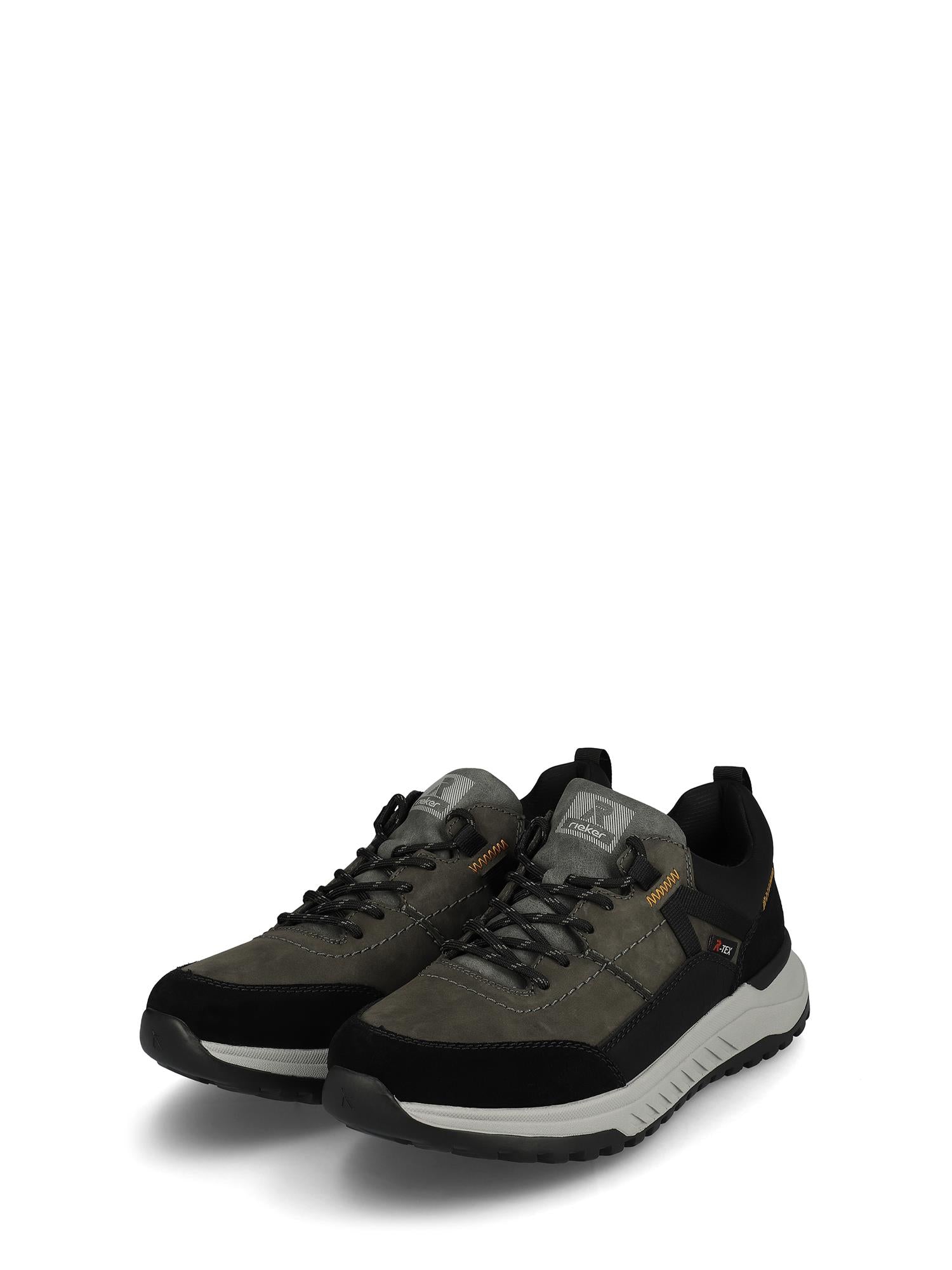 04504 Rieker-Evolution Peak Sneaker Waterproof fra Rieker Sport har olivengrønn/svart semsket skinn og mesh-overdel, svarte lisser, diskré merking, hvite såler og en komfortabel RevolutionSoft-såle.