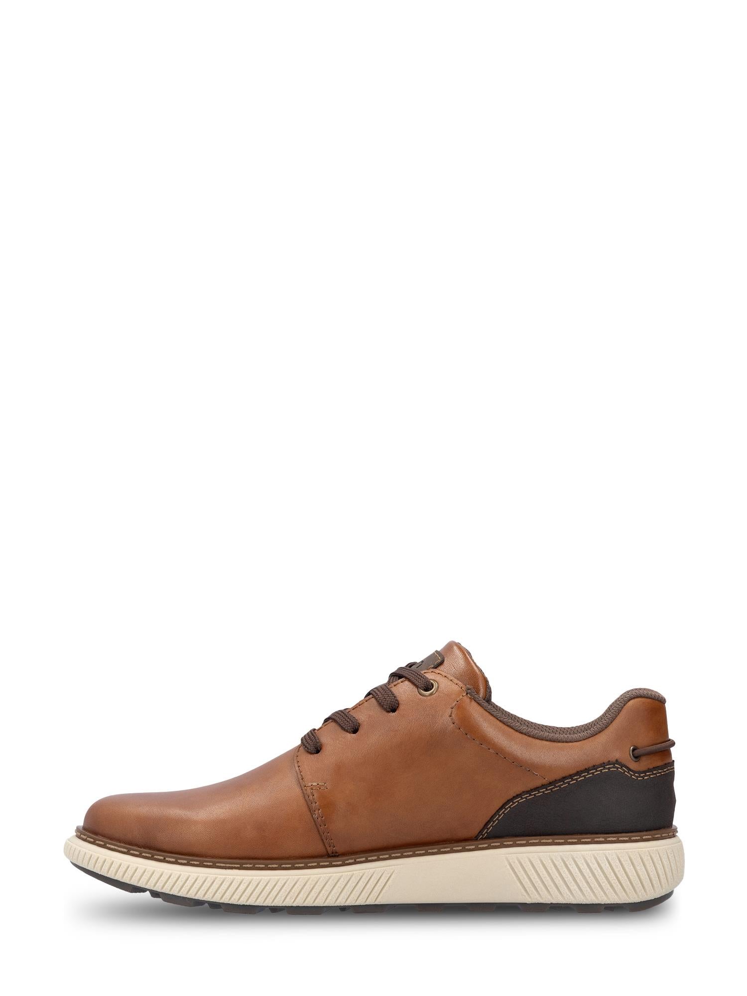 04763 Rieker Memosoft Leather shoes fra Rieker Comfort & Style er en brun snøresko for menn i glatt skinn, med ekstra bred passform, hvit såle og mørkebrune hældetaljer, vist i profil mot hvit bakgrunn.