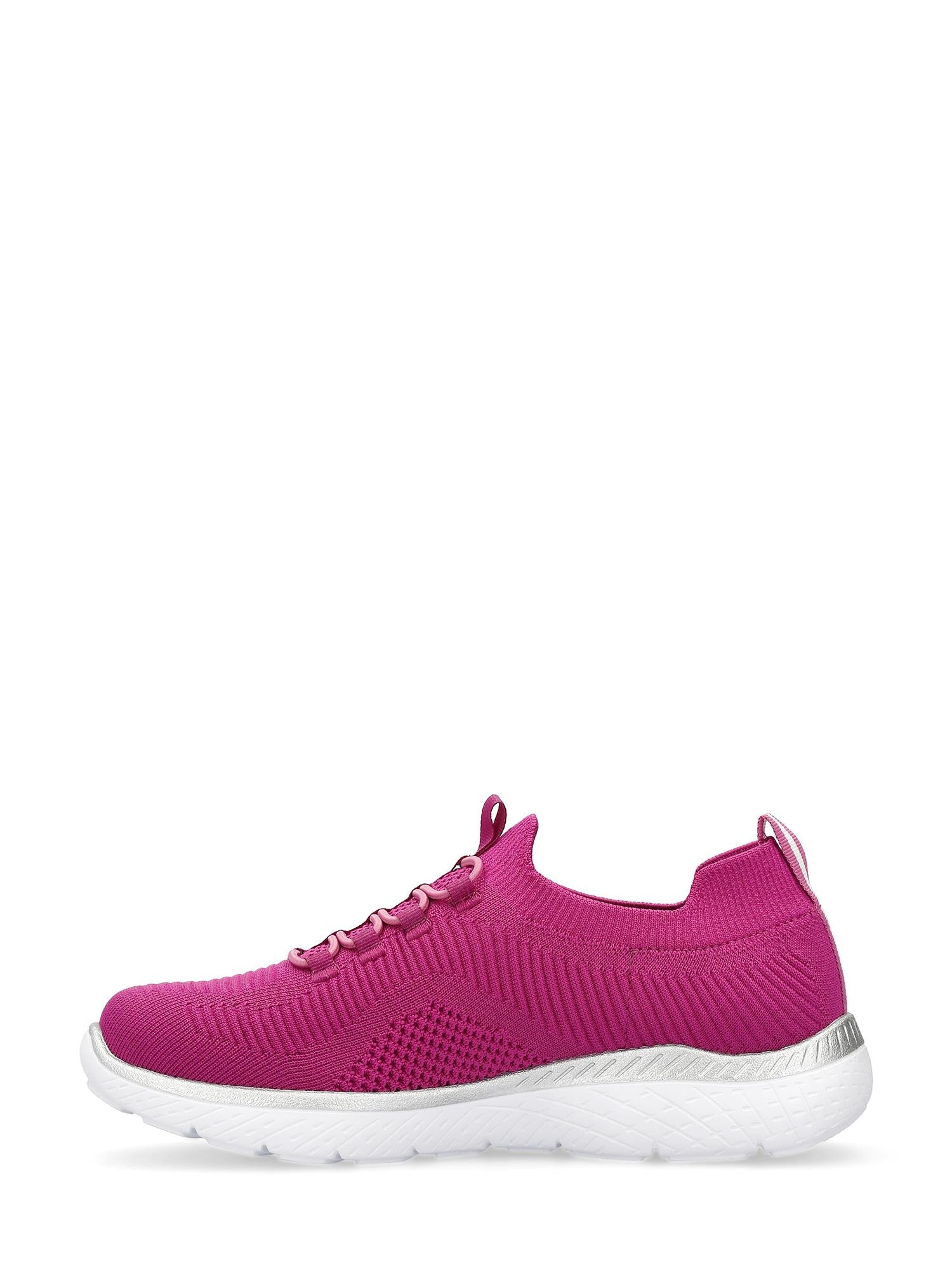 07559 Rieker Sport & Style Sneaker fra Rieker Sport er en knallrosa strikkesko med rosa lisser, en hvit EVA-såle og en sølvfarget hældetalj, vist i sideprofil mot en vanlig hvit bakgrunn.