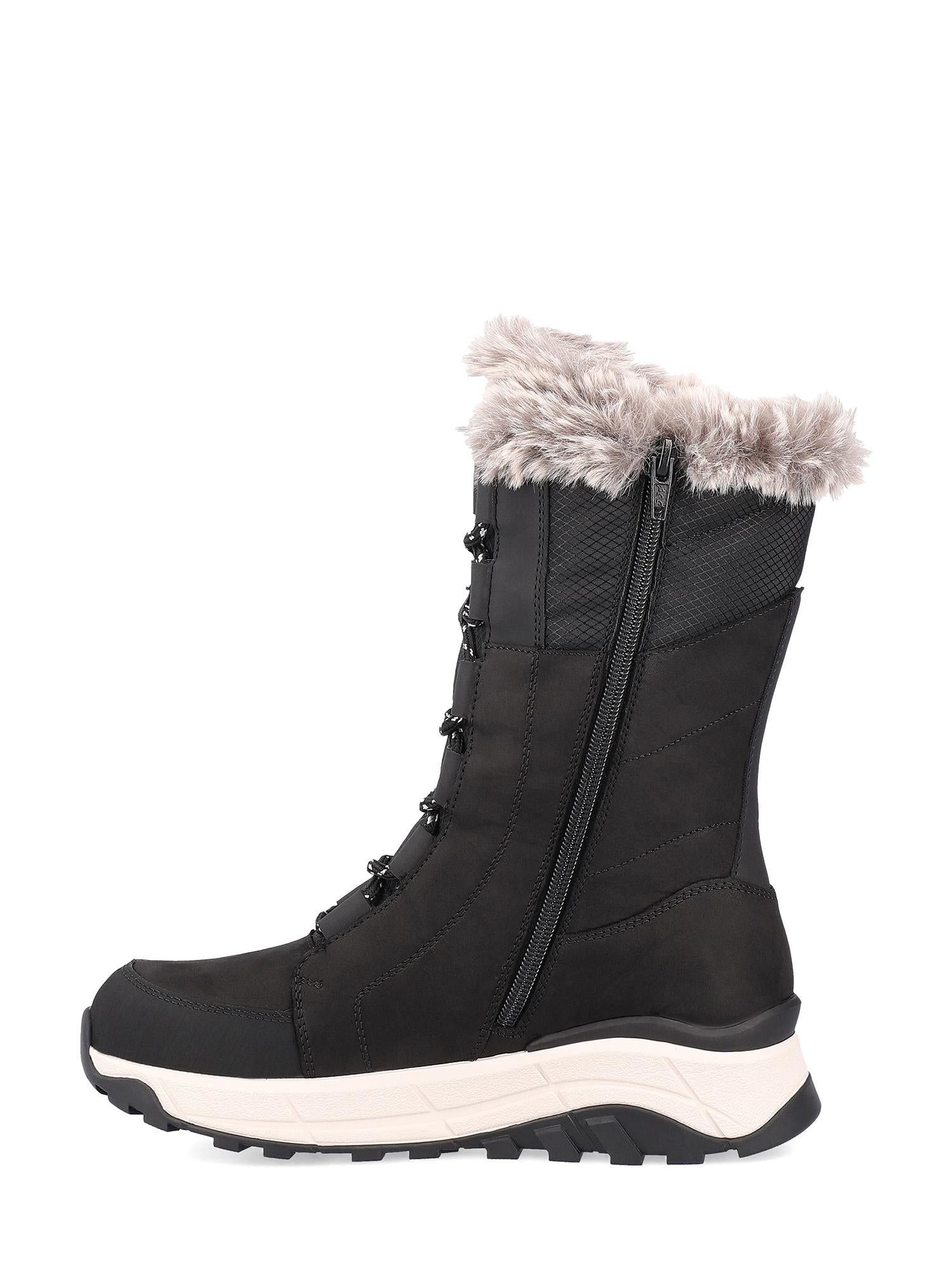Rieker Sport 05030 Evolution fibergrip ullsnøstøvel i svart har en tykk hvit såle, snørebånd foran, glidelås på siden og koselig lysegrå/beige imitert pelskant for ekstra vinterstil.