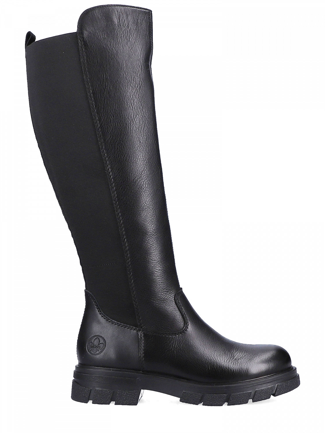 05368 Rieker High Elastic Trend-støvlene fra Rieker Comfort & Style har et høyt, svart knehøyt design med en tynn front, kraftig gummisåle, elastisk bakpanel og en diskré rund logo ved hælen. Profilbilde på siden på hvit bakgrunn.