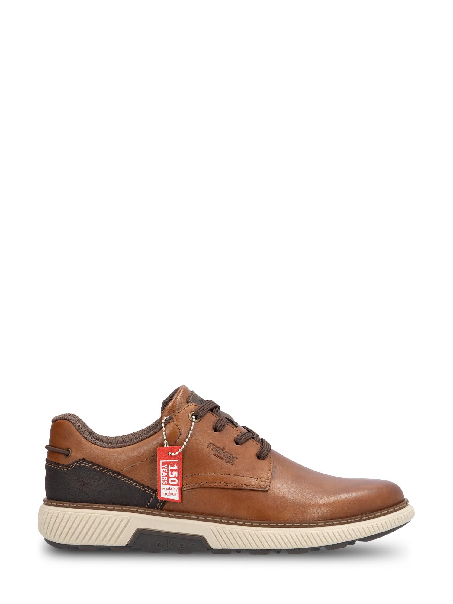 04763 Rieker Memosoft Leather fra Rieker Comfort & Style er en brun snøresko for menn med mørkebrune lisser, en kontrastfarget hæl med struktur, beige gummisåle og et rødt FEATHER LIGHT-merke på siden.