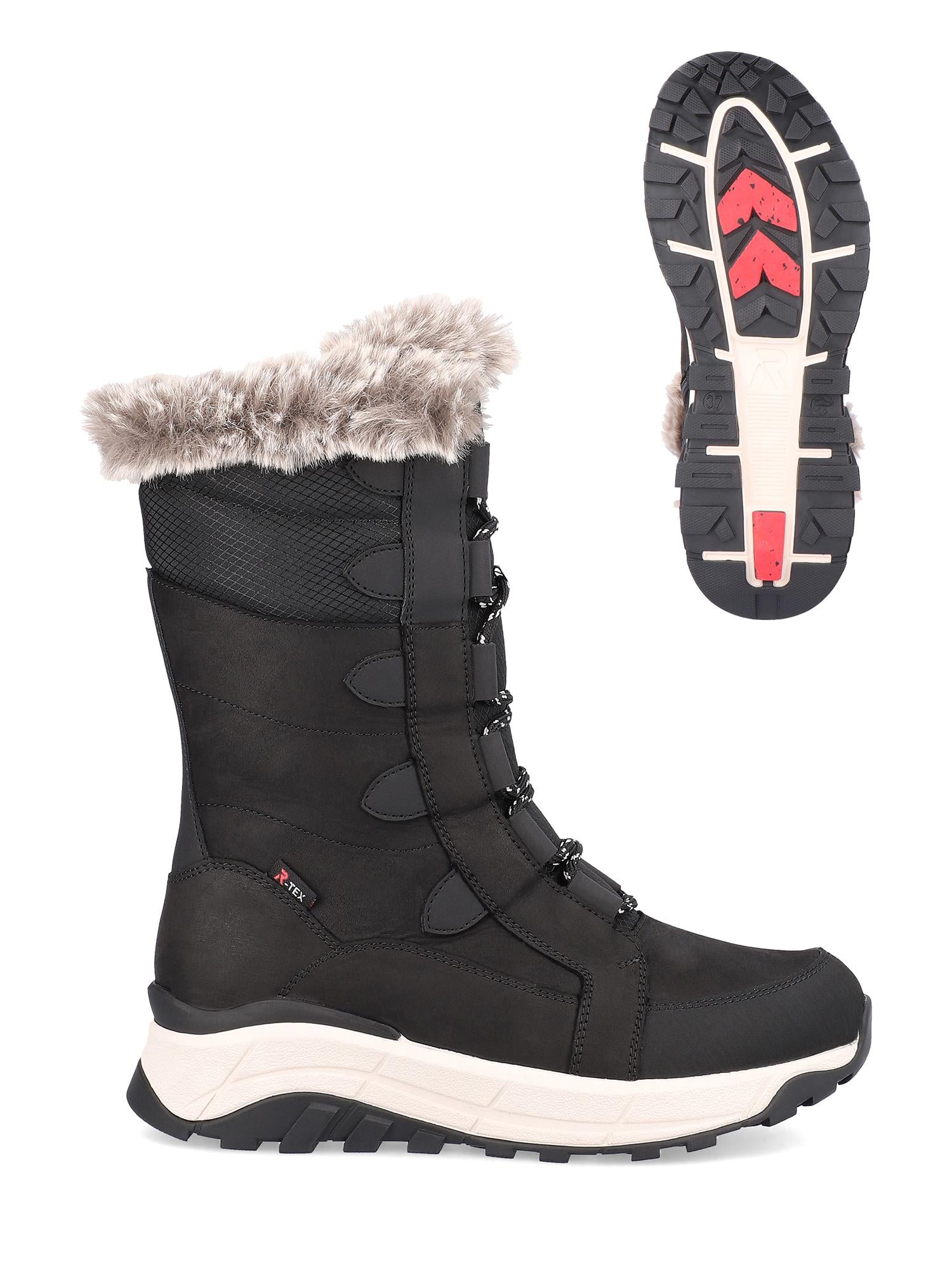 Rieker-Evolution 05030 Rieker Sport snøstøvler i ull med fibergrep har et svart design med imitert pelskant, snøring foran og en tykk beige såle. Den mønstrede sålen har røde detaljer og dype riller for pålitelig vintergrep.