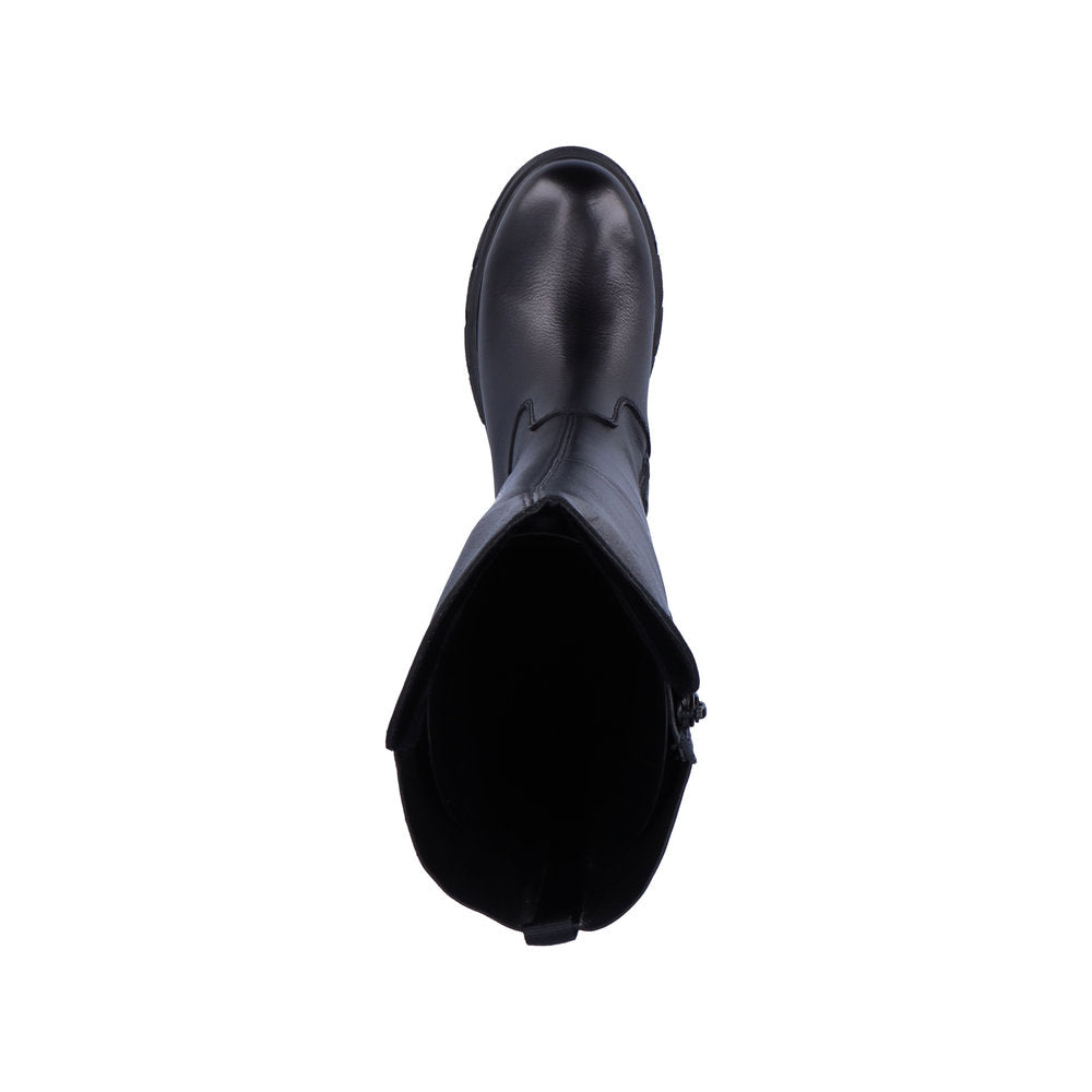 Rieker Comfort & Style 05368 High Elastic Trend-støvletter i svart skinn med avrundet tå, glidelås på siden og elastisk passform, fotografert ovenfra mot en hvit bakgrunn.