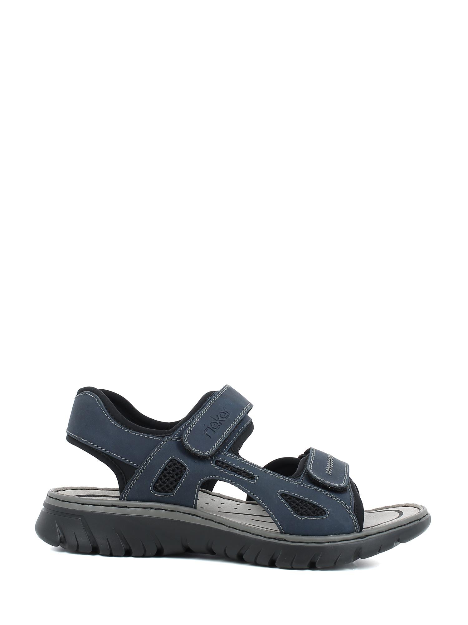 08808 Rieker Eland Leather Sandal fra Rieker Comfort & Style har et marineblått design, justerbare borrelåsstropper og en tykk, svart såle med tekstur - perfekt for komfortabel, uformell bruk.