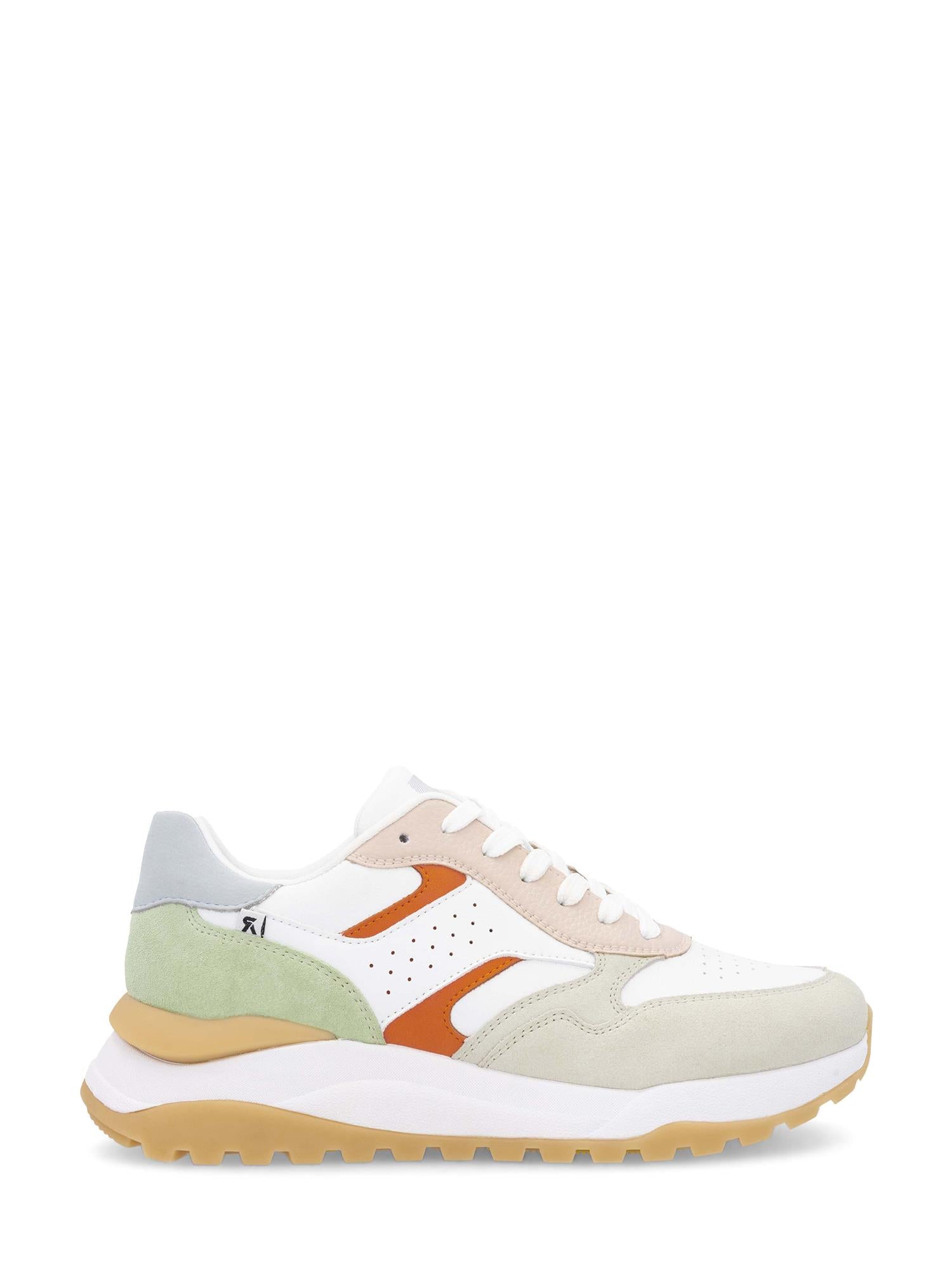 03546 Rieker TrailMotion Hvit Semsket-sneakeren fra Rieker Sport har en hvit base, beige og lysegrønne semskede detaljer, oransje detaljer, perforerte sider for komfort og en kraftig hvit og brun rillet såle.