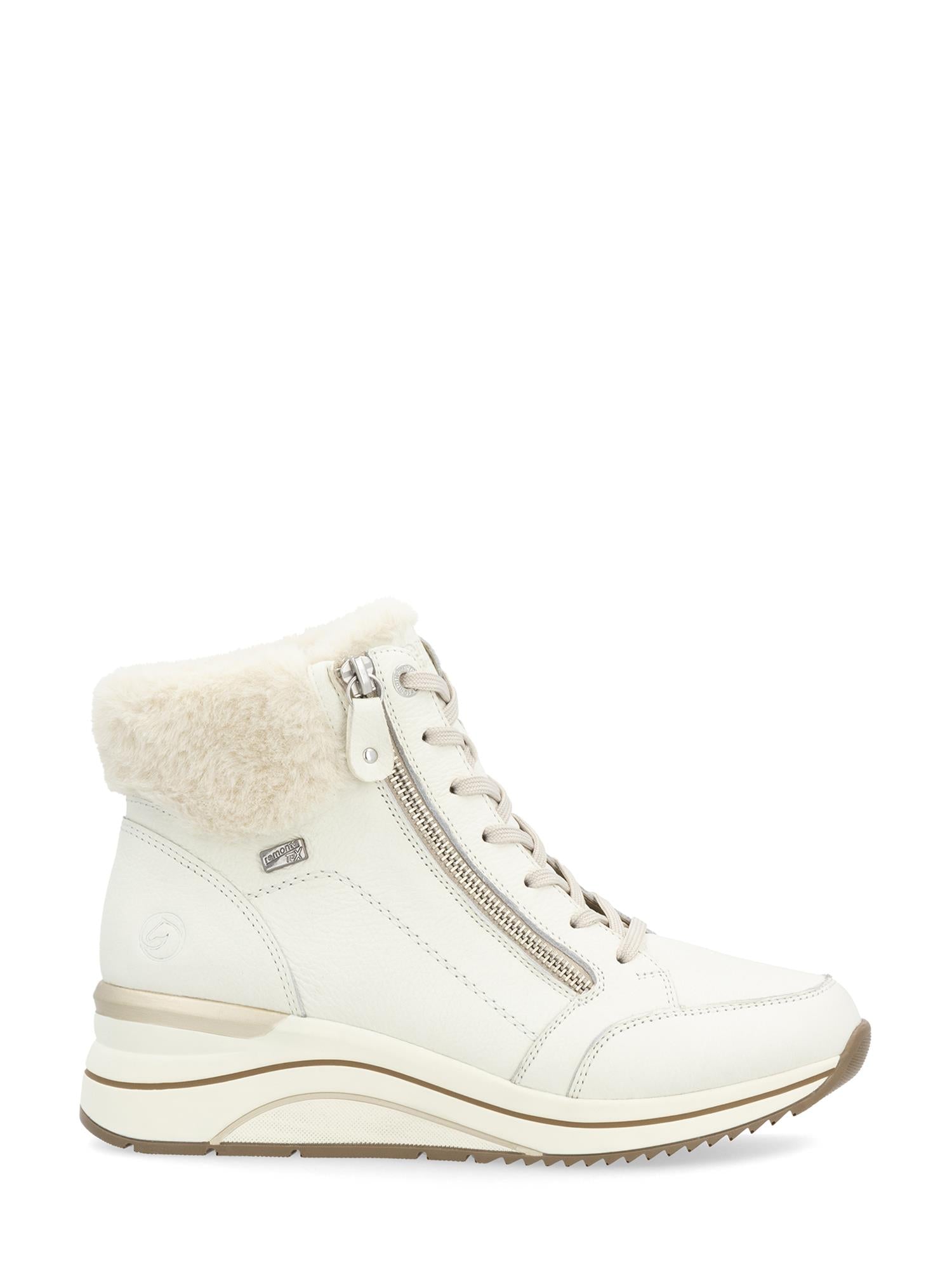 Remonte 05003 Leather Sheep Wool Rieker-Tex er en hvit sneakerstøvel med imitert pelskant, glidelås på siden, snøring foran, beige og hvit kilesåle, diskrete sømmer og varmt saueullfôr for vinterkomfort.