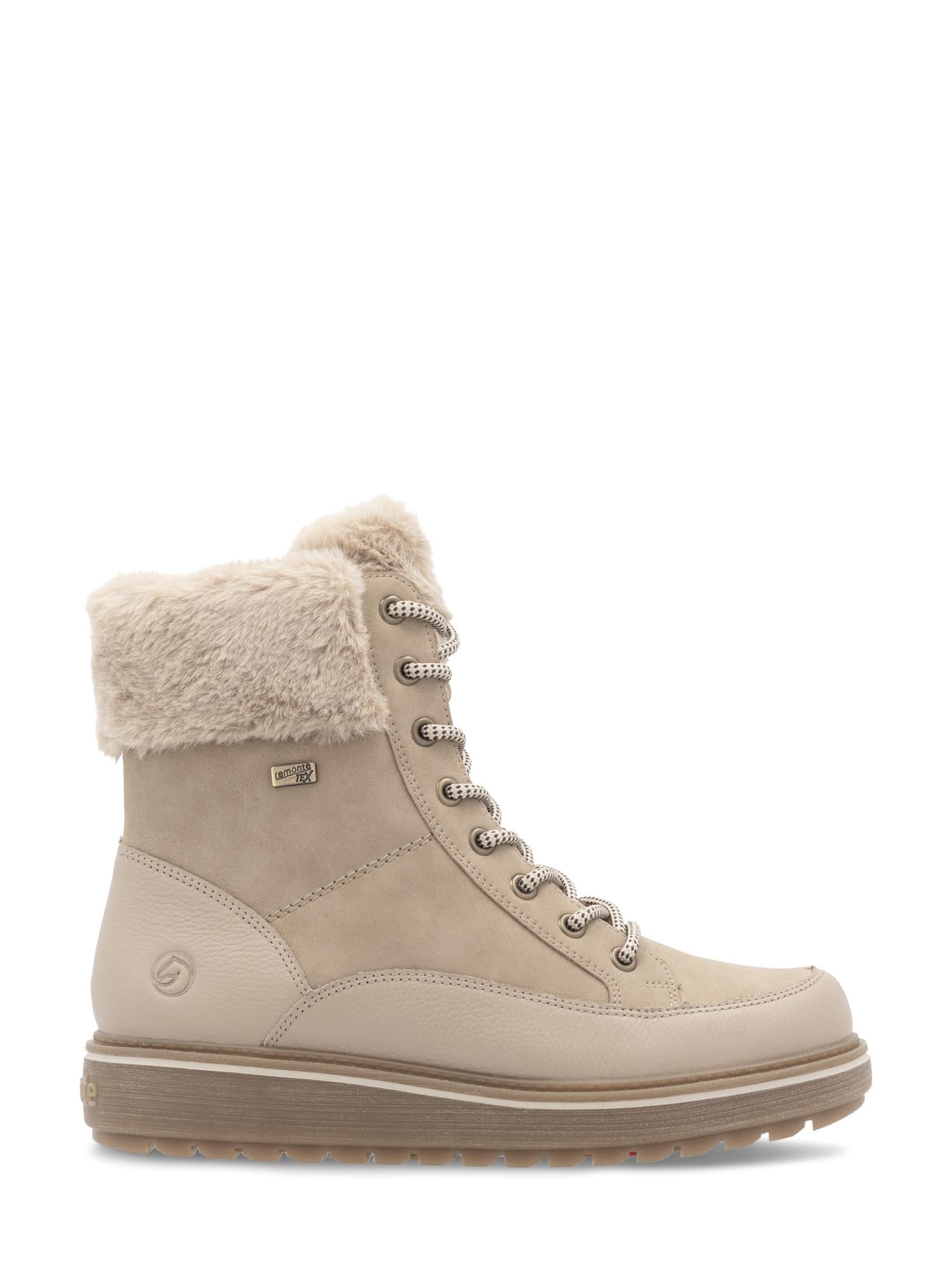Remonte 04803 Premium leather tex nude-støvelen har fôr i fuskepels, snøring foran, solid gummisåle, overdel i strukturert semsket skinn og lær som gir varme og stil, samt ullfôr og brodder for ekstra grep.