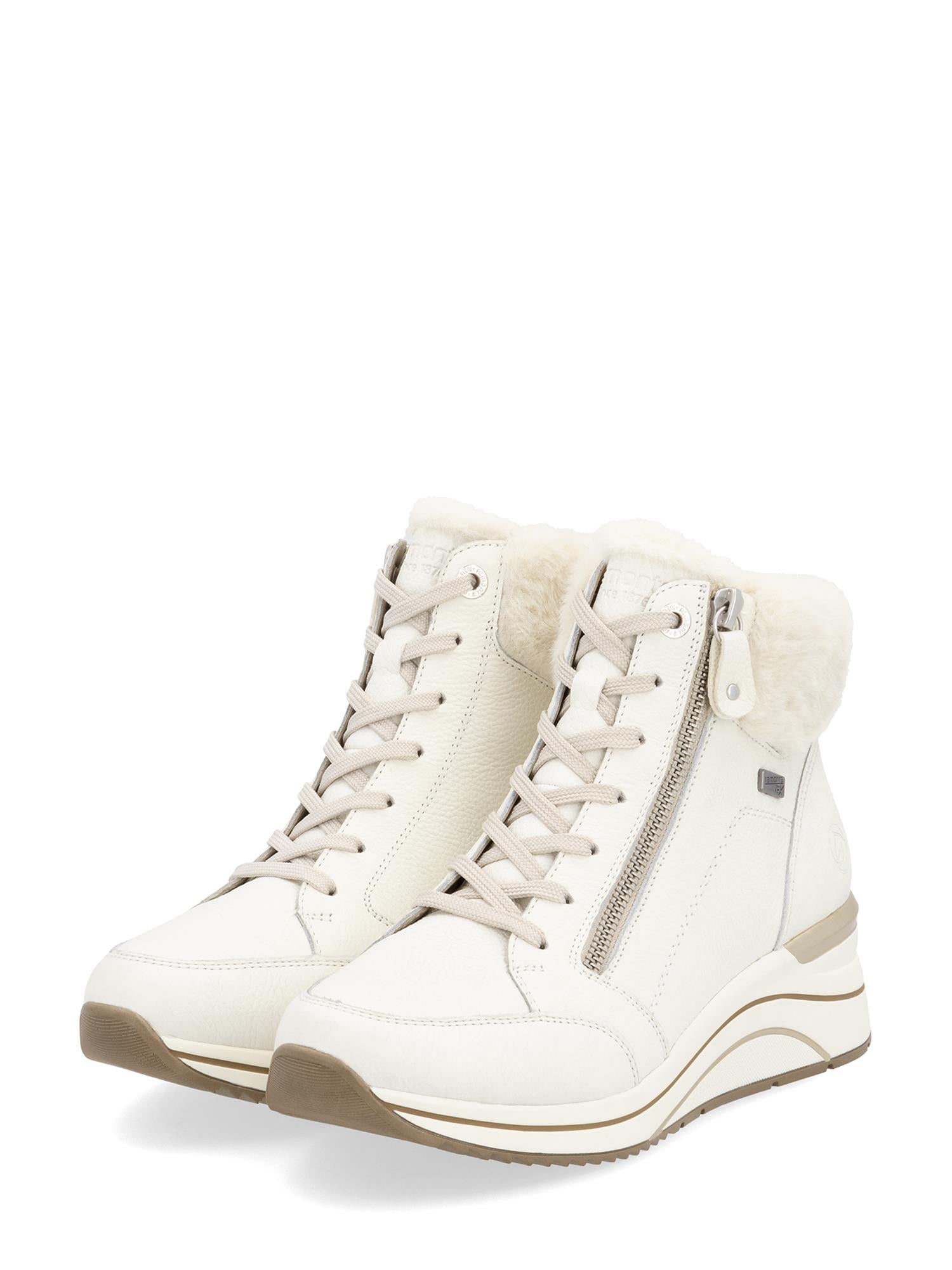 Remonte 05003 Leather Sheep Wool Rieker-Tex joggesko har en offwhite high-top-design med beige såler, lysebrune snørebånd, glidelåser på siden og myk ankelull for stil og komfort.