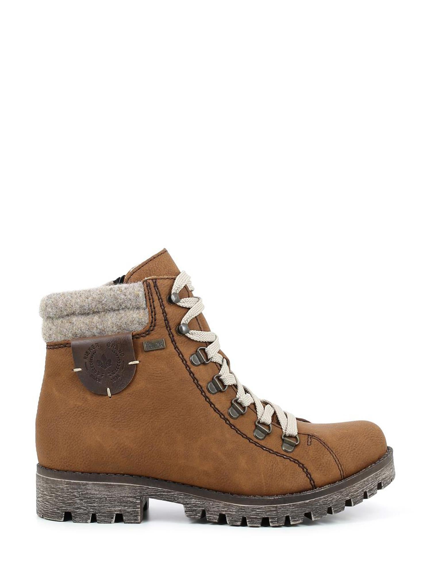 03043 Rieker Varmfòret Vintersko ULL Brown fra Rieker Comfort & Style har brunt skinn, beige lisser, grå strikket krage, robust såle, kontrastsømmer og en rund merke – en perfekt varm ankelstøvlett for kalde dager.