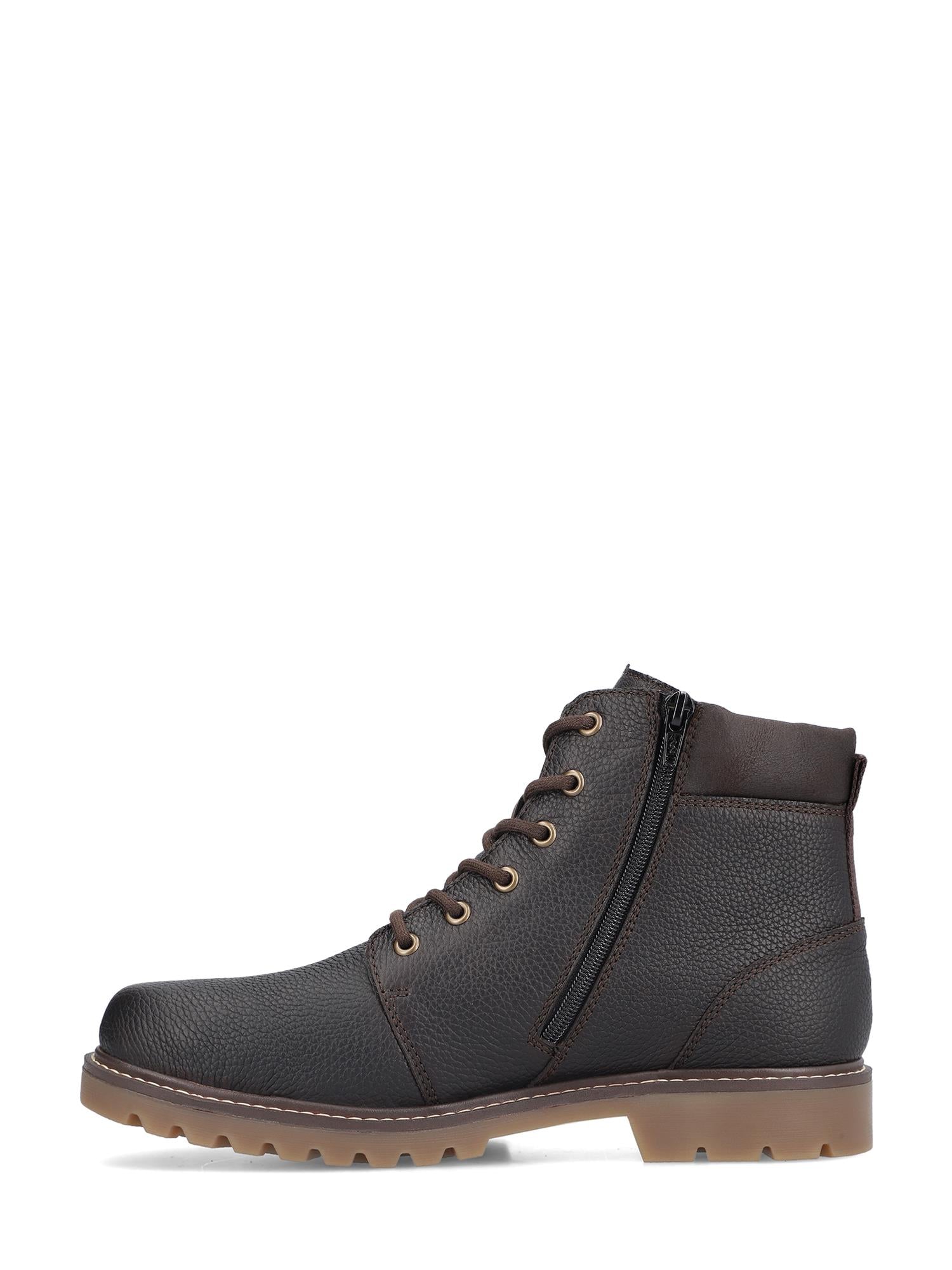 04402 Rieker Brun Rieker-Tex Varmfôret Boot fra Rieker Comfort & Style er en ankelstøvel i svart strukturert skinn med brune sømmer, metalløyer, glidelås på siden, brune snørebånd, brun robust såle og vanntett damesko-beskyttelse.