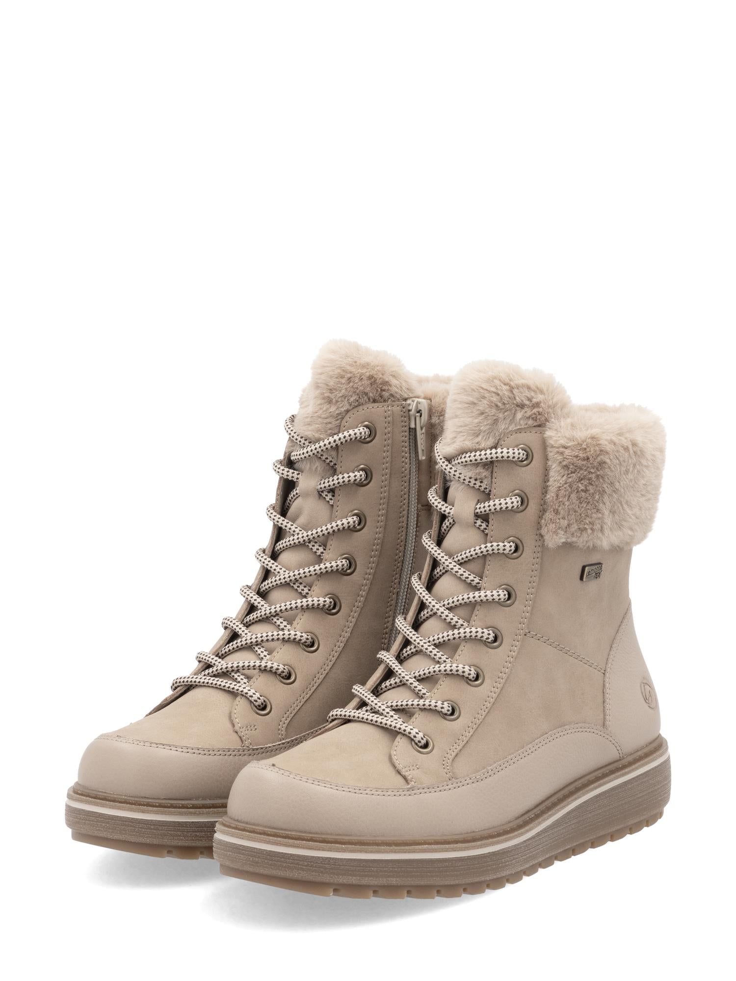 Remonte 04803 ankelstøvletter er laget av førsteklasses nudefarget skinn med TEX-vanntetting, ullfôr, solide broddersåler, snøring foran og glidelåser på sidene for robust komfort og varme i kaldt vær.