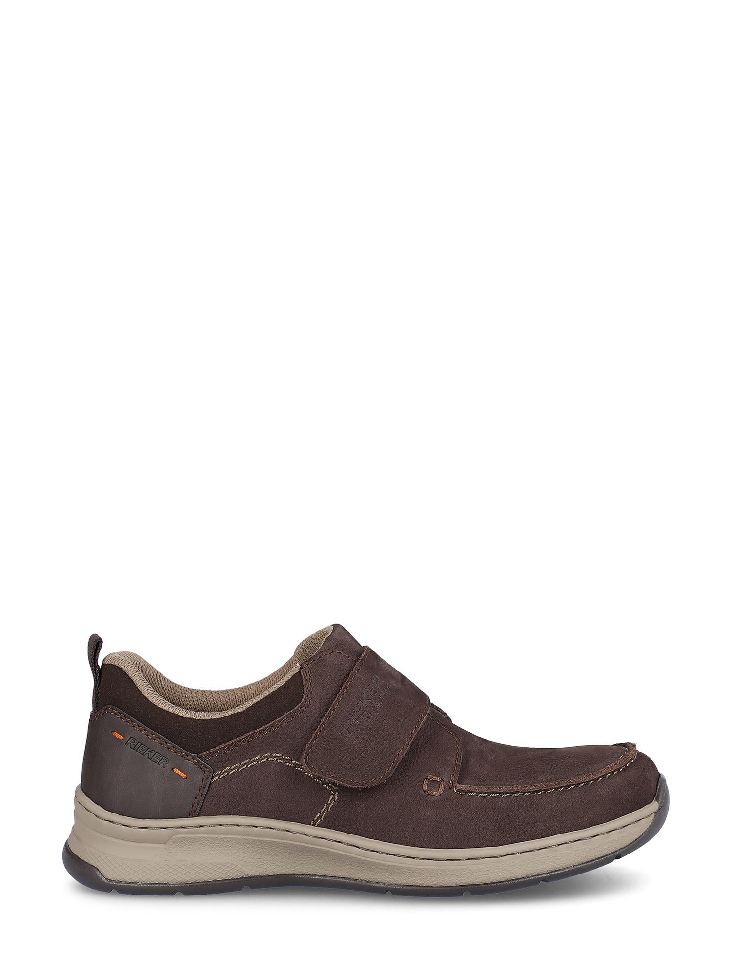 04405 Rieker Velcro Leather Shoes fra Rieker Comfort & Style er brune, casual slip-ons med beige såle, synlige sømmer, borrelåsstropp og naturskinn. Antistress-teknologi sørger for komfort. Vist på hvit bakgrunn.