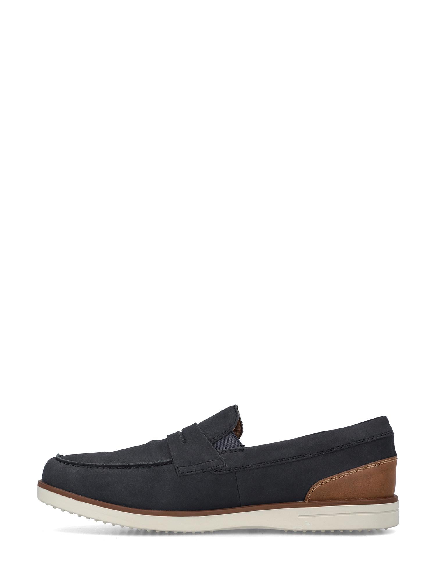 07509 Rieker Marine Mokkasin fra Rieker Comfort & Style - en svart loafer med hvit såle, brun hæl og pustende fôr - er vist i sideprofil på en hvit bakgrunn.
