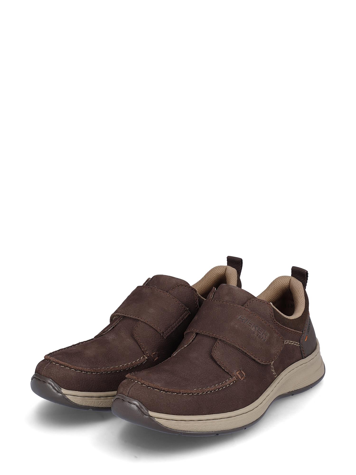 Et par 04405 Rieker Velcro Leather Shoes fra Rieker Comfort & Style i brunt skinn med borrelåsstropper, solbrun gummisåle og antistress-teknologi, vist på en hvit bakgrunn.