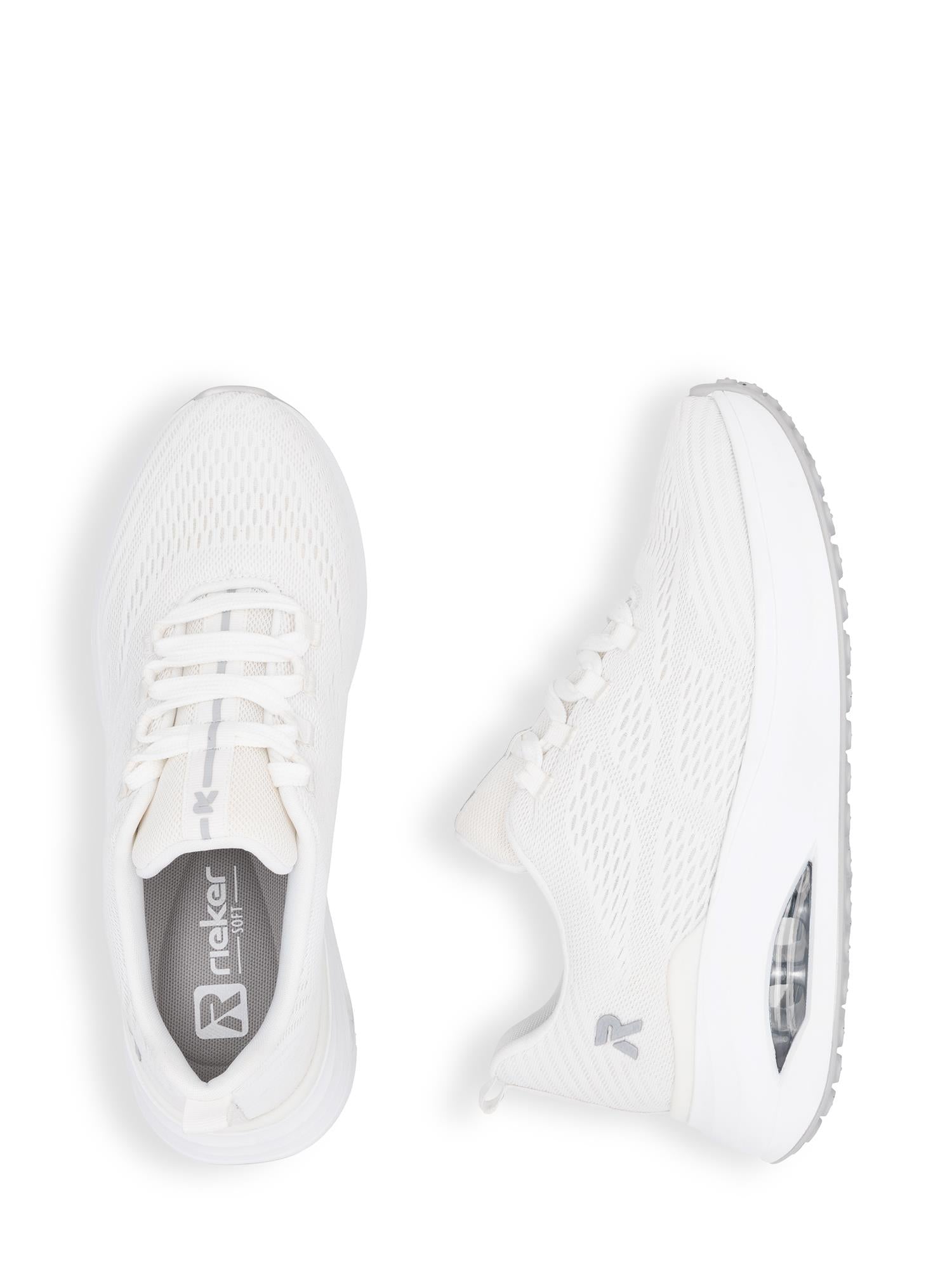 03571 Rieker Velina Drysport Sneakers fra Rieker Sport, sett ovenfra og fra siden, med overdel i mesh, grå detaljer, tykk såle og Rieker-logo på innersåle og side for god pustekomfort.