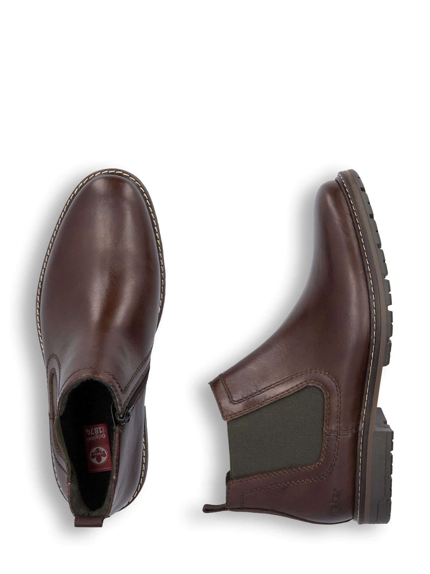 Et par 04887 Rieker Classic Leather Boots Brown fra Rieker Comfort & Style, med elastiske sidepaneler, robuste gummisåler og antistress-teknologi, vist ovenfra og fra siden på hvit bakgrunn.