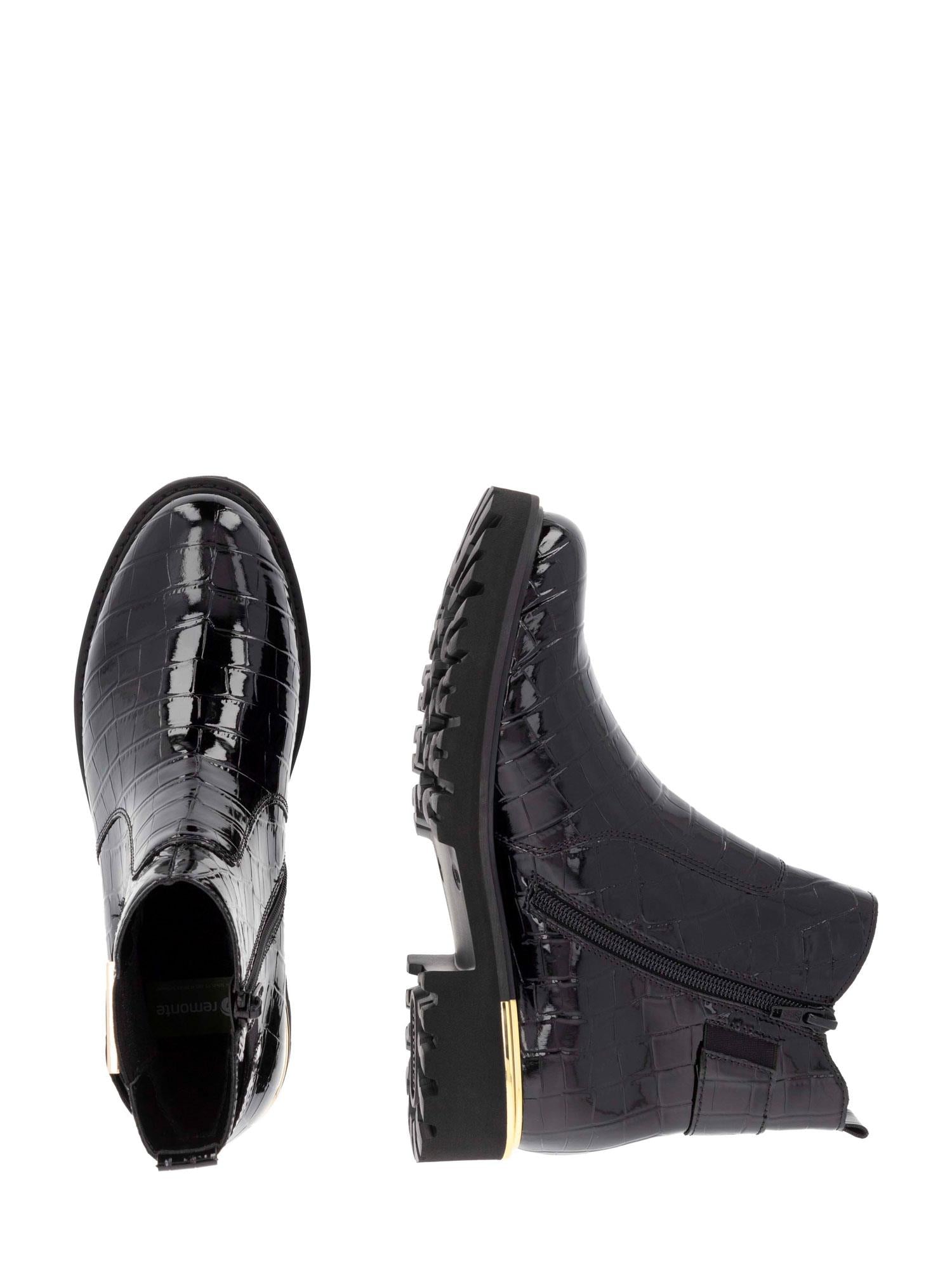 Remonte 05024 Gold Croc Boot har svart krokodillemønster lakkskinn, glidelåser på siden og detaljer på hælen i gull, her vist ovenfra og fra siden mot en hvit bakgrunn.