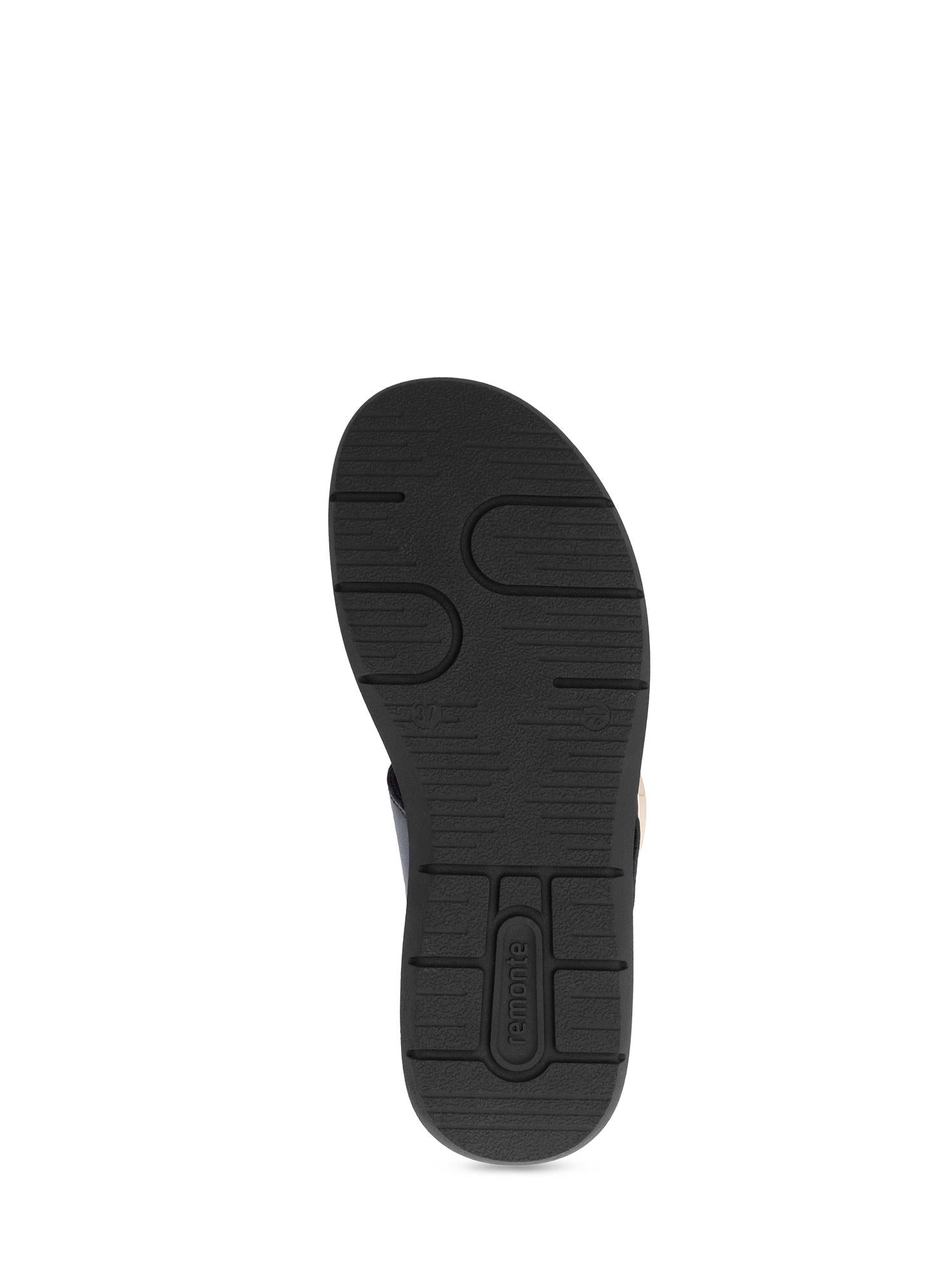 Bildet viser sålen på Remonte 03140 Capri Sandal Black, med teksturert gummimønster for ekstra komfort, mot en vanlig hvit bakgrunn.