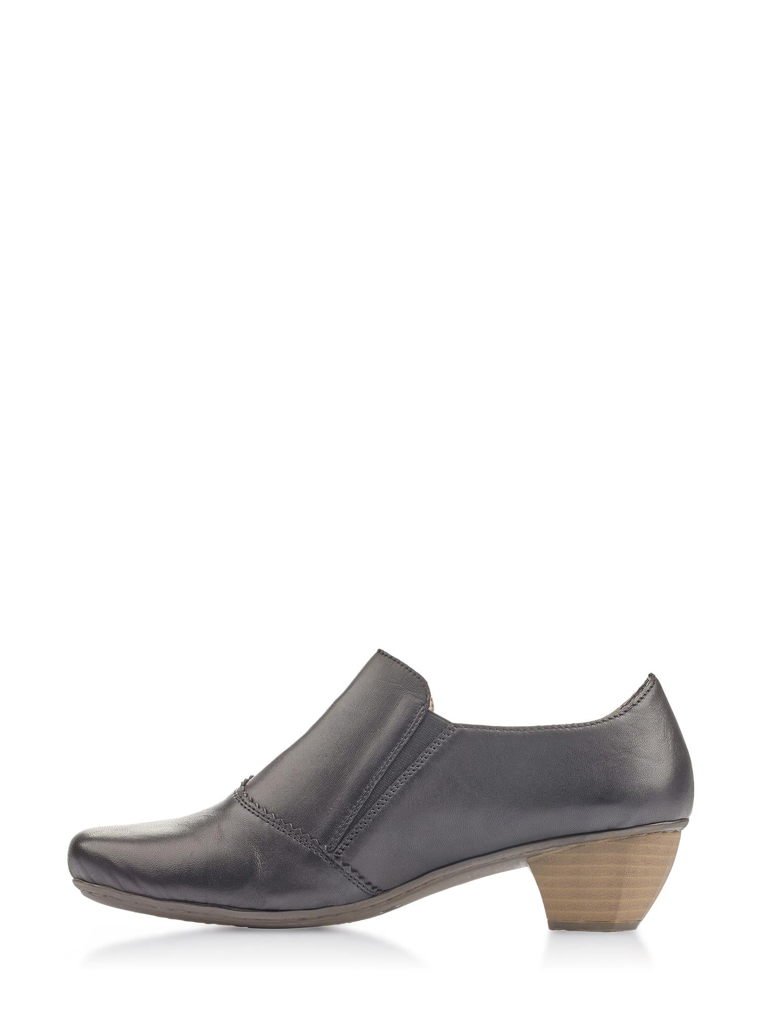 07536 Rieker Midnight Pumps fra Rieker Comfort & Style er svarte slip-on-sko med en lysebrun lav blokkhæl, subtile sømmer og en lett spiss tå, vist på en hvit bakgrunn.