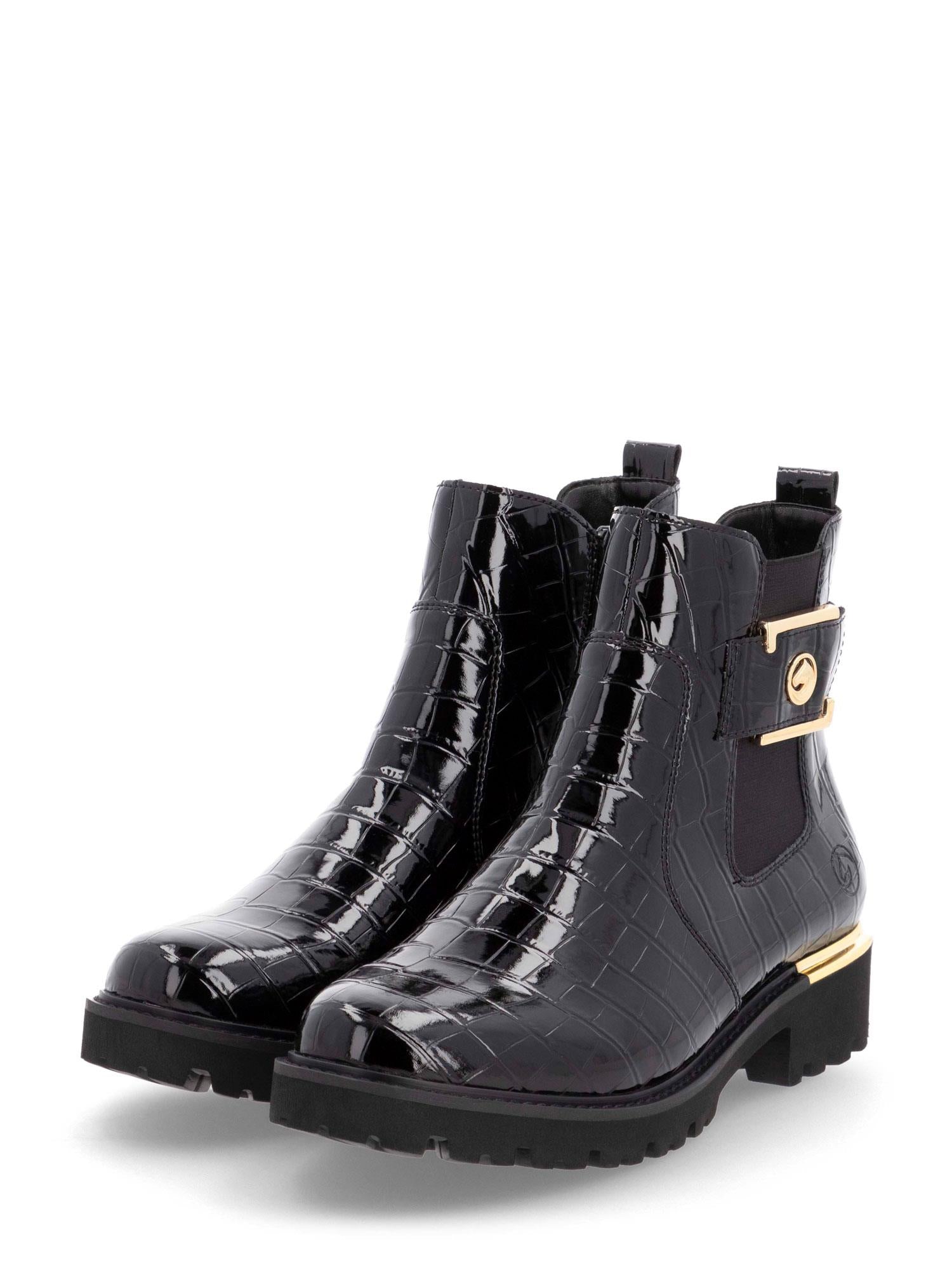 Remonte 05024 Gold Croc Boot har glanset svart lakkskinn med krokodillemønster, tykke såler, elastiske paneler på sidene og gullspenner og aksenter rundt hælen.