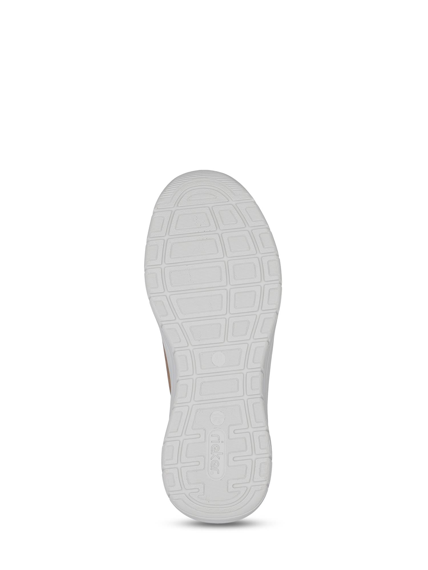 Brun gummisåle med et teksturert, rutenettlignende mønster, fotografert nedenfra mot hvit bakgrunn – ideell for 07529 Rieker Slip-on Antistress Brown fra Rieker Comfort & Style, med innovativ Antistress-teknologi.