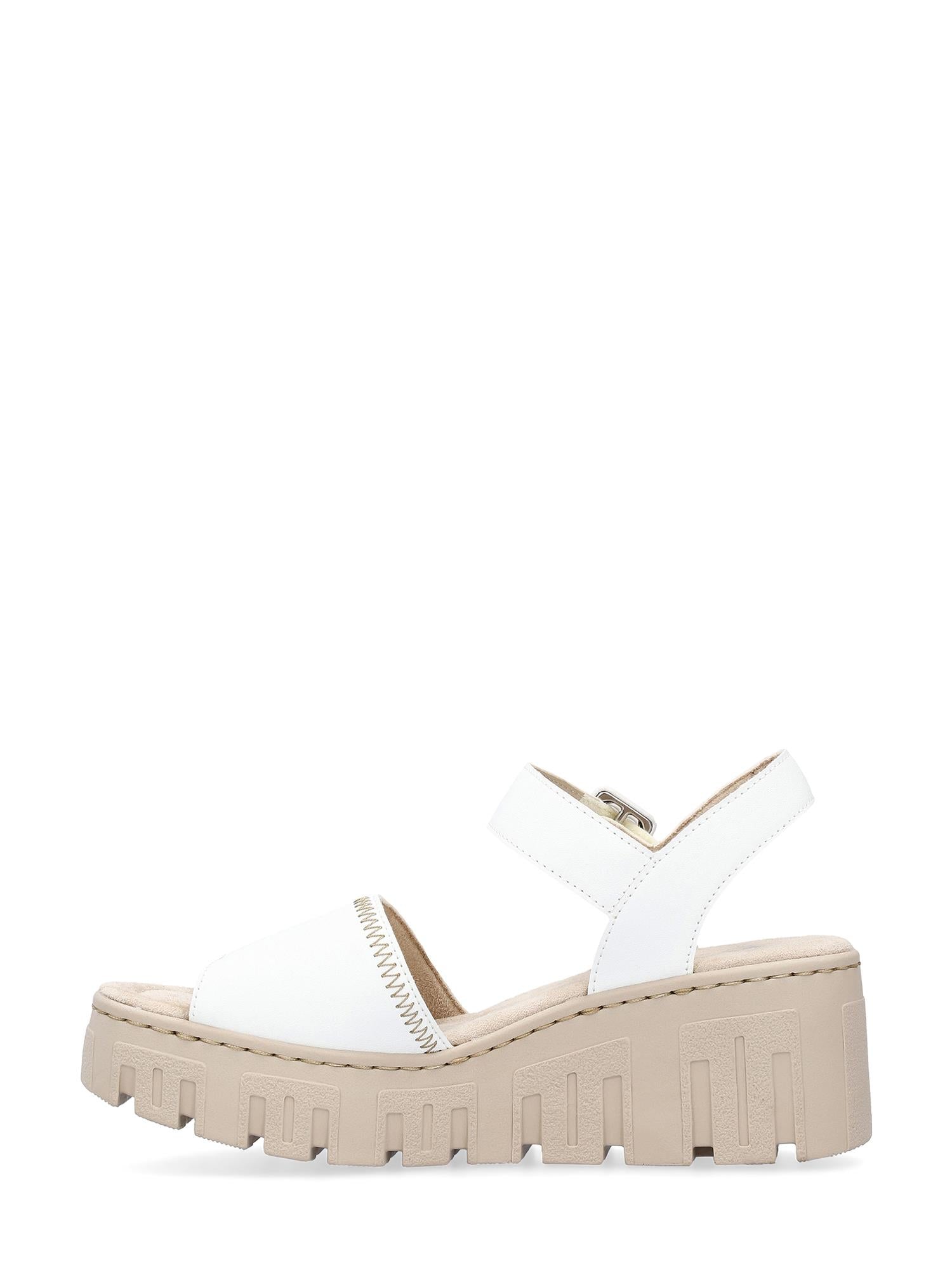 07501 Rieker Larisa Velcro Sandal fra Rieker Comfort & Style er en hvit sandal med åpen tå, tykk beige platåsåle, kraftig, riflet grep, synlige sømmer og Antistress-teknologi. Sandalen har en justerbar ankelrem.