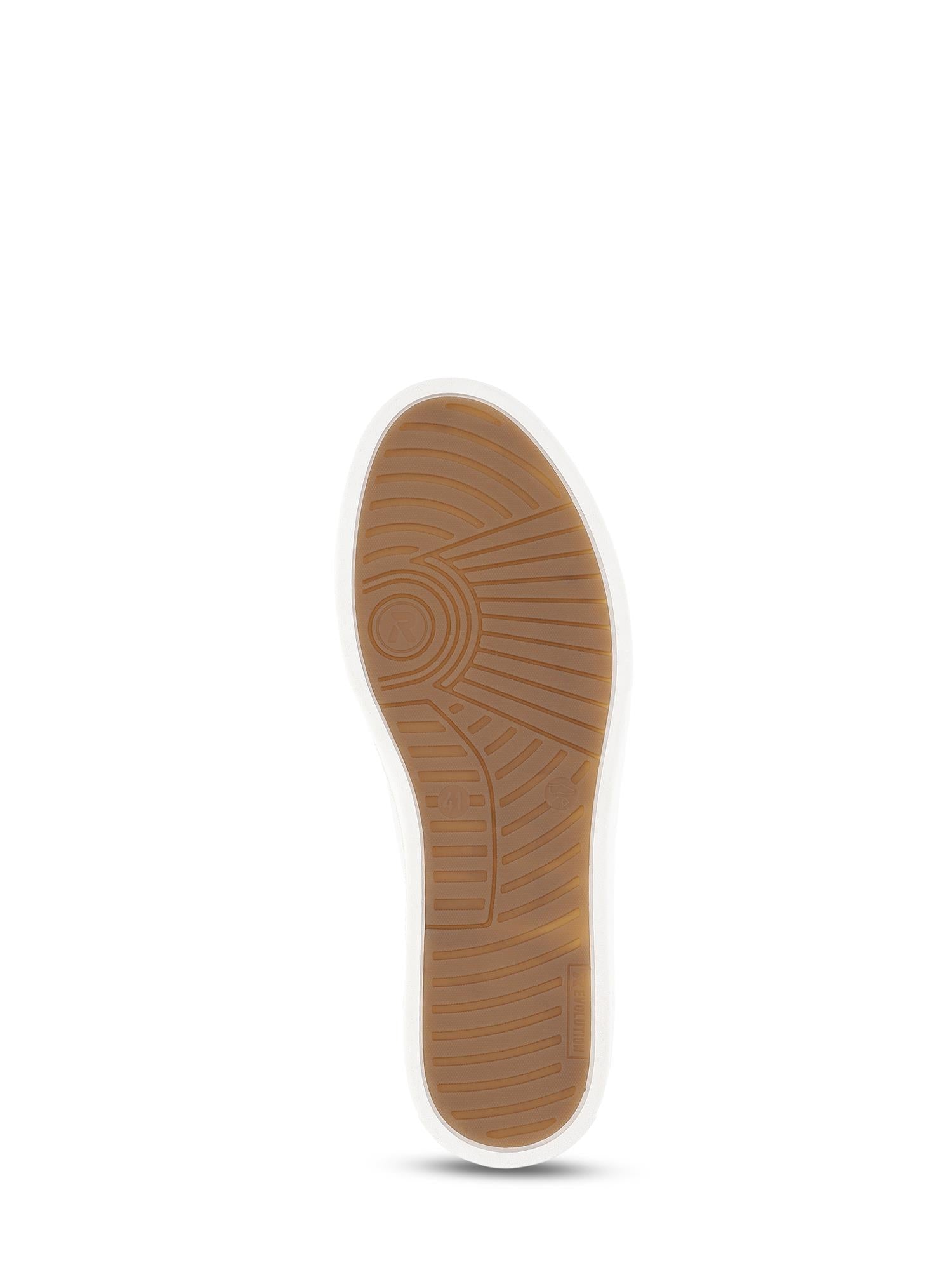 En brun TR-såle i gummi med hvit kant og strukturmønster for bedre grep på en hvit bakgrunn - perfekt til 07601 Rieker-Evolution Sport & Style Leather Sneaker fra Rieker Sport.