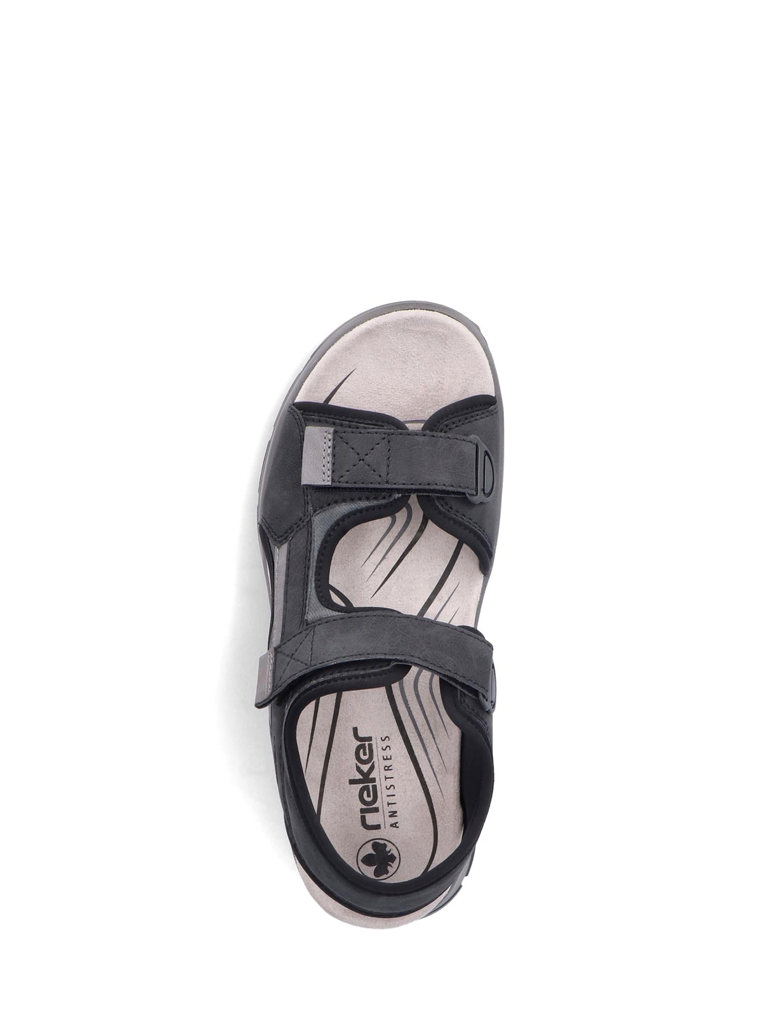 02944 Rieker Moven Svart Herresandal fra Rieker Comfort & Style: En komfortabel, slitesterk herresandal i svart kunstskinn med justerbare borrelåsstropper og bølget innersåle med logo.