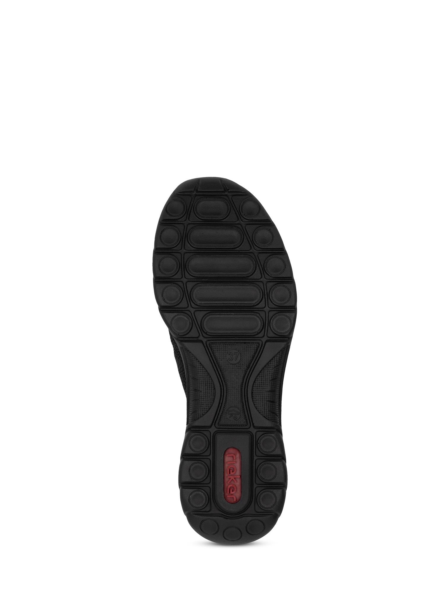 03149 Rieker EasyMove Slip-on Black fra Rieker Comfort & Style har en svart såle med en oval rød aksent nær hælen, ovalt mønster på hvit bakgrunn og den lette komforten til IM-EVA-sålen.