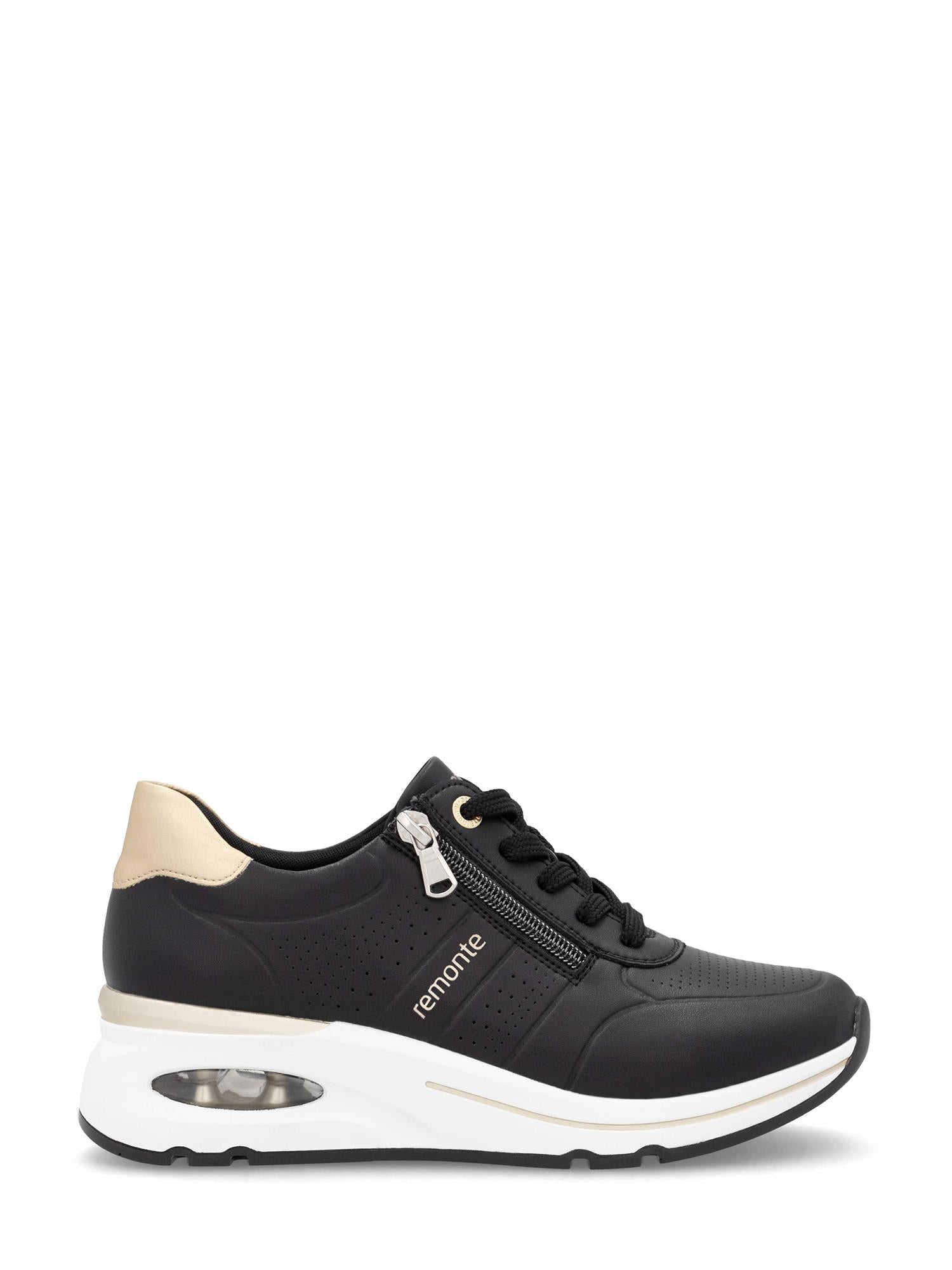 Remonte 03139 Soft Air-Tech-sneakers kombinerer en svart overdel, hvit såle, beige hældetaljer, snøring foran, sølvfarget glidelås og logo. Disse damesneakerne har antistressteknologi for overlegen komfort.