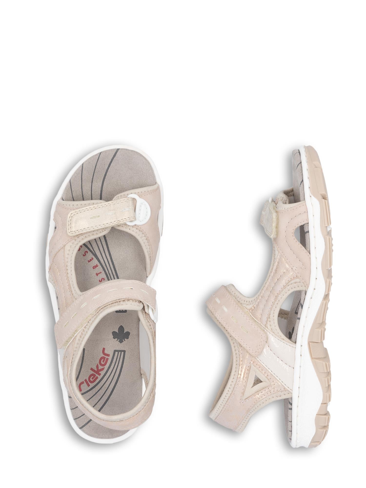 03024 Rieker Rose ComfortWave Sandal fra Rieker Comfort & Style har en åpen tå med borrelåsstropper, hvite såler, logotrykt innersåle og dekorative sømmer som gir et feminint utseende. Vist ovenfra og fra siden.
