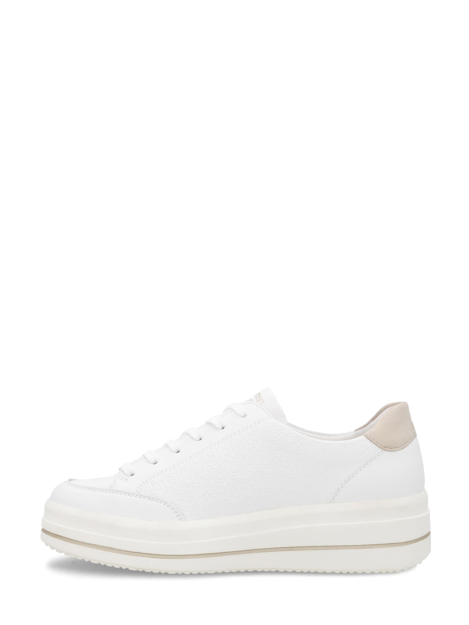 Remonte 03133 UrbanFlex White er en komfortabel sneaker med lav overdel, hvit tekstur, hvite snørebånd, tykk hvit såle og lys beige hælflik. Vist i sideprofil på en hvit bakgrunn. Tilgjengelig på skomani.no.