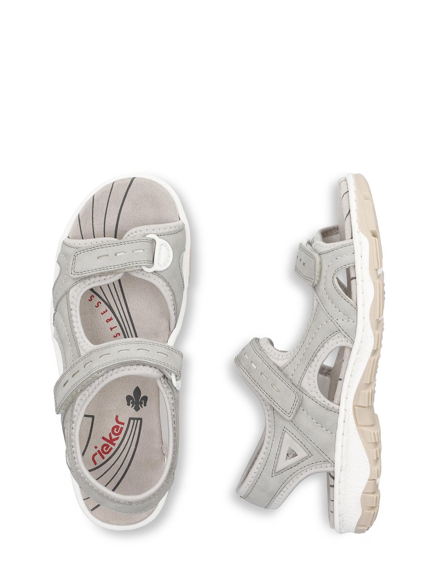 07503 Rieker Grey Sport Sandal fra Rieker Comfort & Style har lysegrå overdel, borrelåsstropper og mønstrede innersåler med synlig merkevarebygging. Vist ovenfra og fra siden mot en hvit bakgrunn, tilbyr den komfort hele dagen med Antistress-teknologi.