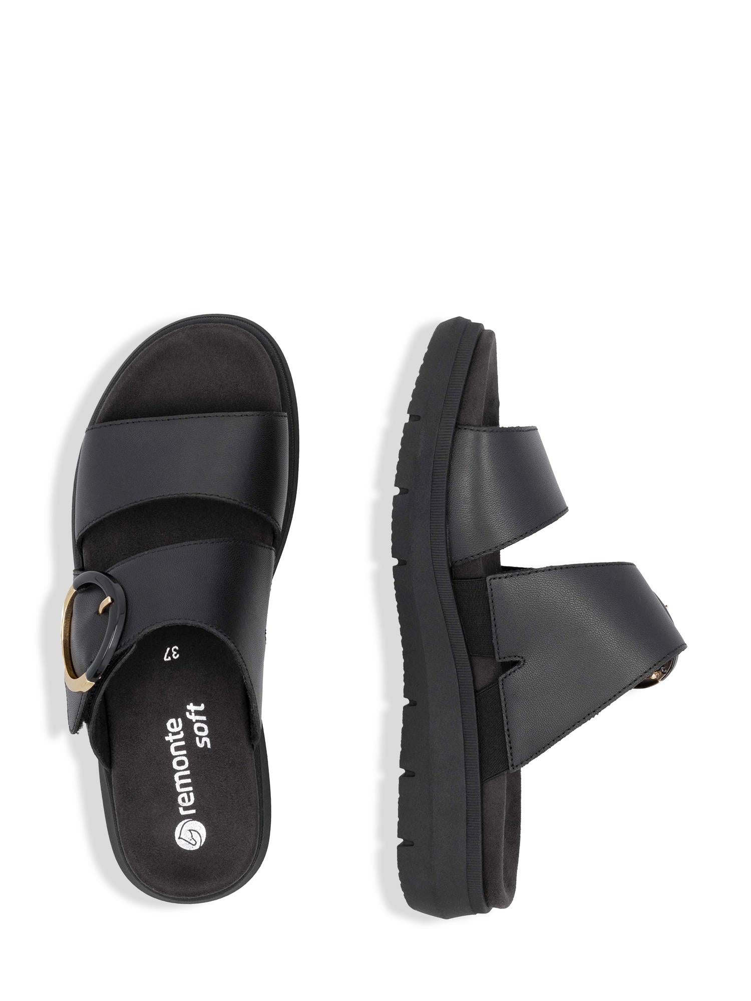 Et par svarte Remonte 03141 Selma-sandaler med tykke reimer i vegansk skinn og en gullspenne, vist på hvit bakgrunn. Den ene sandalen er vist ovenfra, den andre fra siden for å fremheve komforten. Merkevare: Remonte.