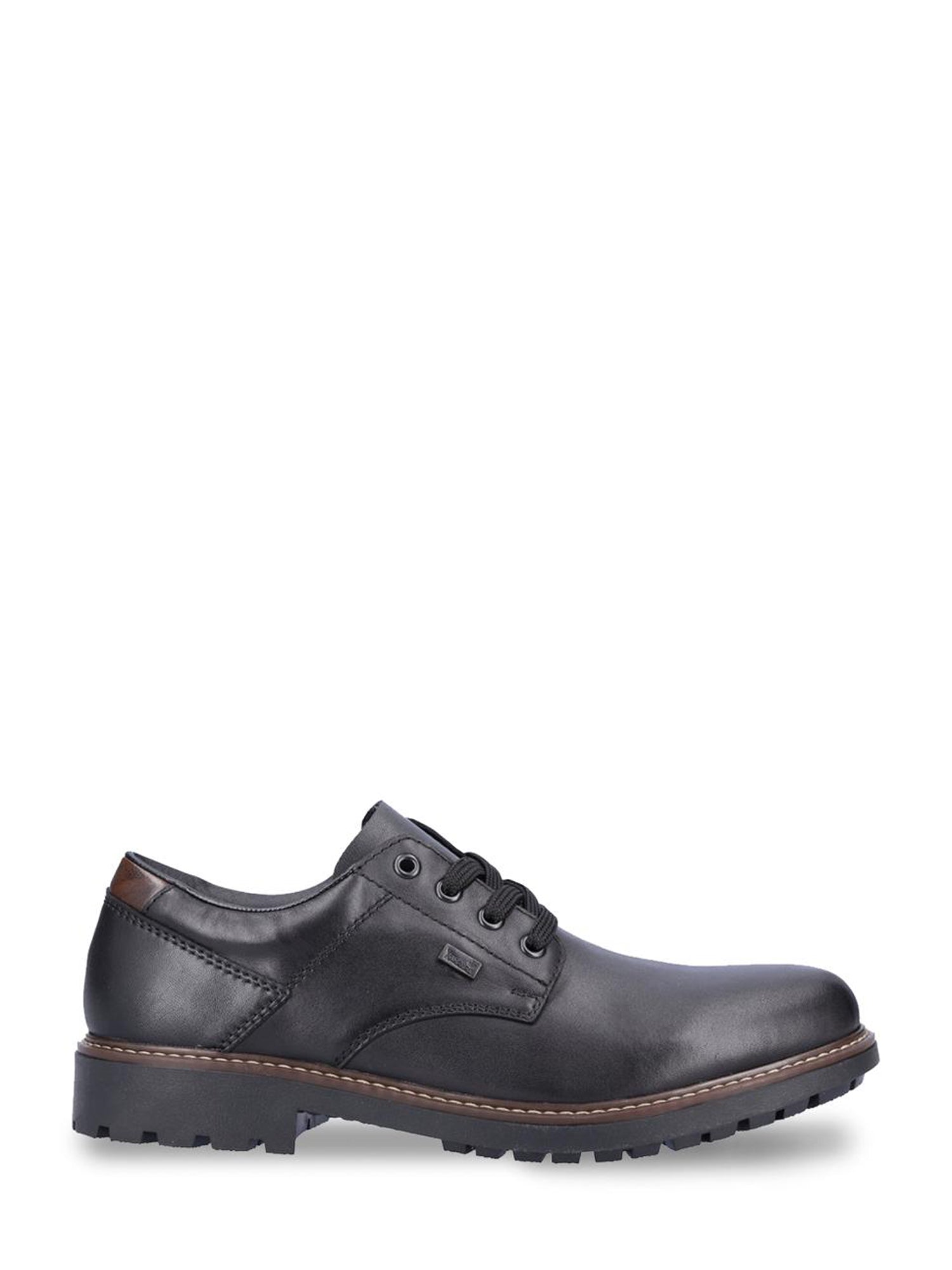 04905 Rieker Shoes Classics fra Rieker Comfort & Style er en snøresko i svart skinn med en brun, sydd såle og strukturert yttersåle i gummi, vist i sideprofil på en hvit bakgrunn.