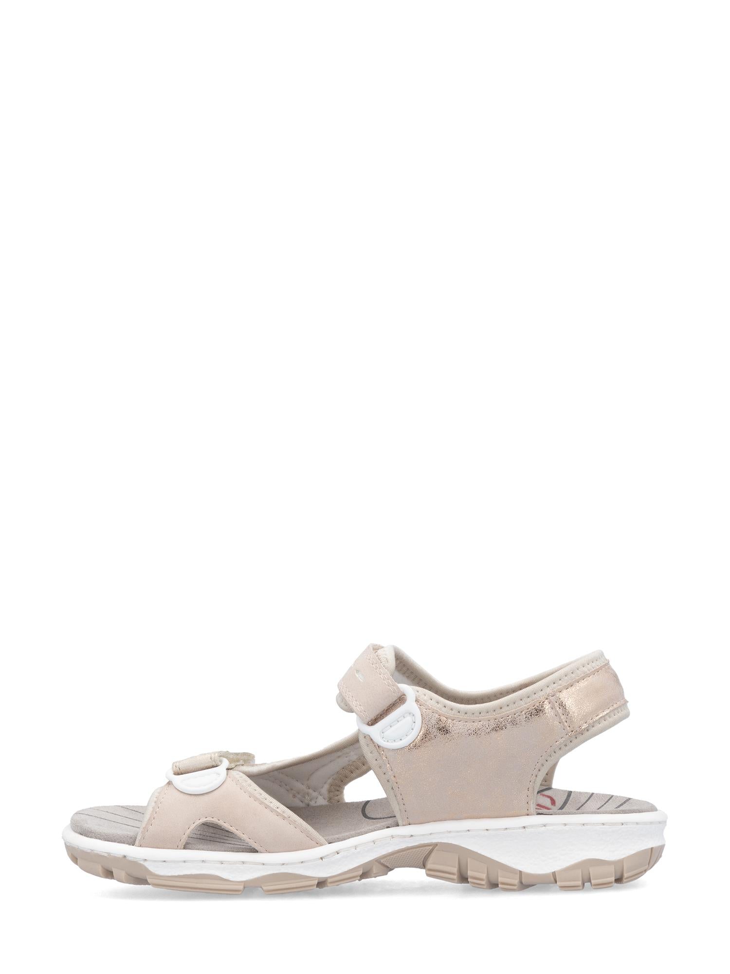 03024 Rieker Rose ComfortWave Sandal fra Rieker Comfort & Style har et feminint utseende med justerbare borrelåsstropper og en strukturert såle for støtte, vist på en vanlig hvit bakgrunn.