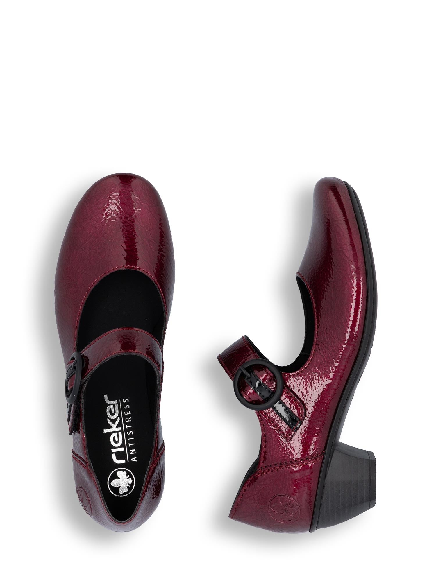 04265 Rieker Marcellina Pumps Rød er blanke, røde Mary Jane-pumps med lav blokkhæl, spenneremmer og Rieker Antistress-teknologi for god komfort. Vist ovenfra og fra siden.