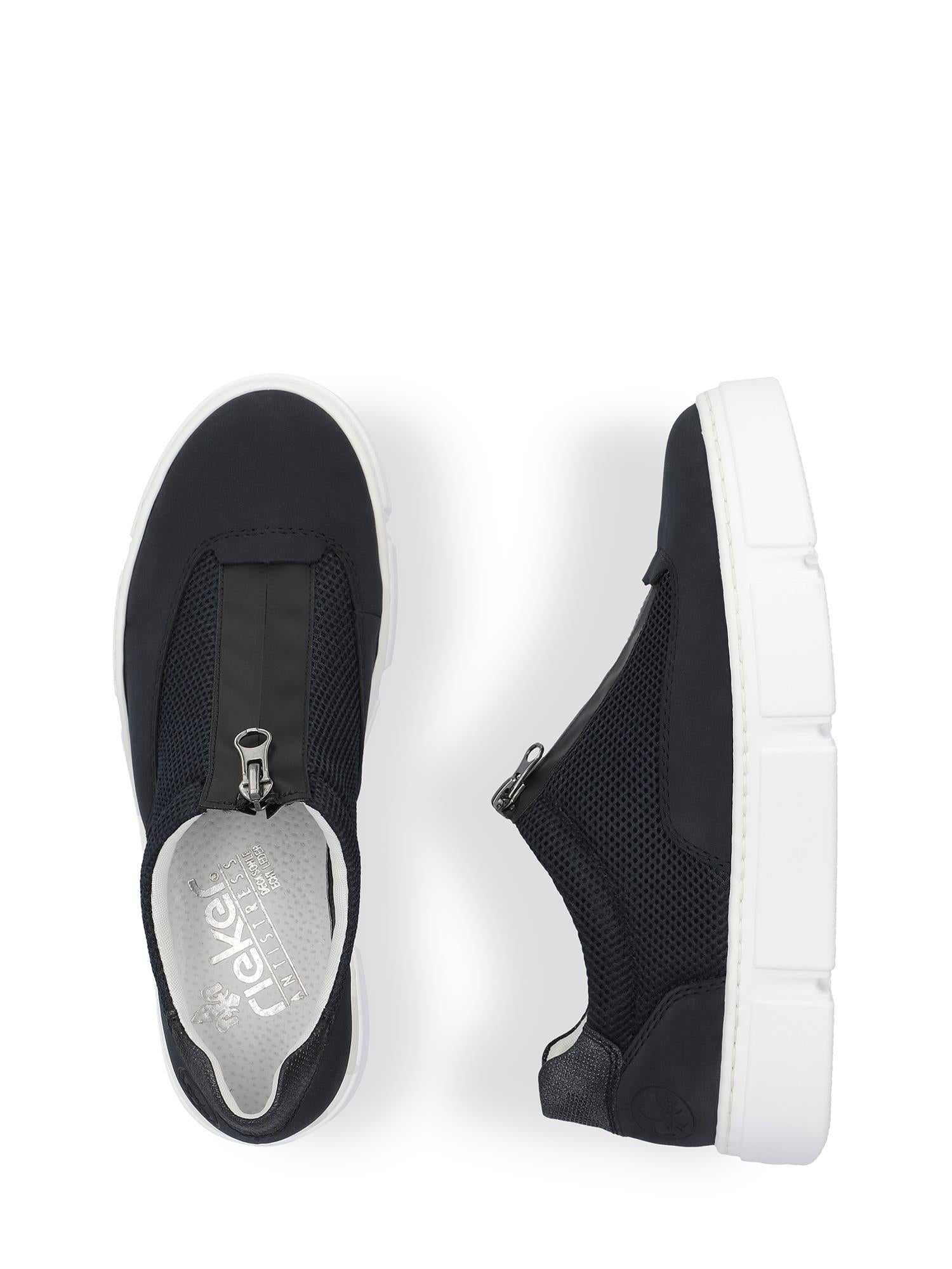 Rieker Comfort & Style 07577 Summer Zip-on-sneakers har svart netting, hvite tykke såler, skinninnersåler, glidelåser foran og antistress-teknologi. Vist ovenfra og fra siden for en fullstendig oversikt.