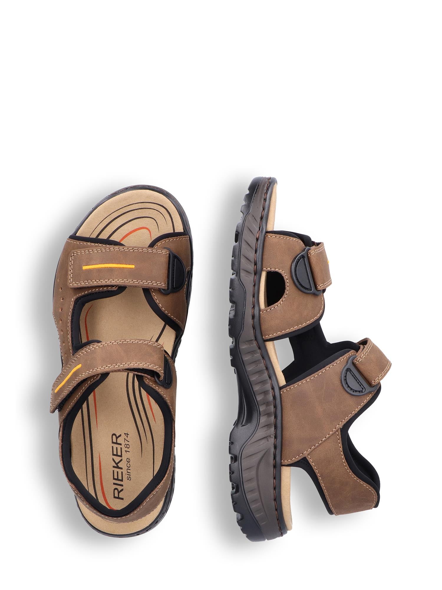 Et par brune 08044 Rieker Troy-sandaler fra Rieker Comfort & Style, med justerbare borrelåsstropper, svarte såler og oransje detaljer, vises flatt på en hvit bakgrunn med synlig Rieker-logo.