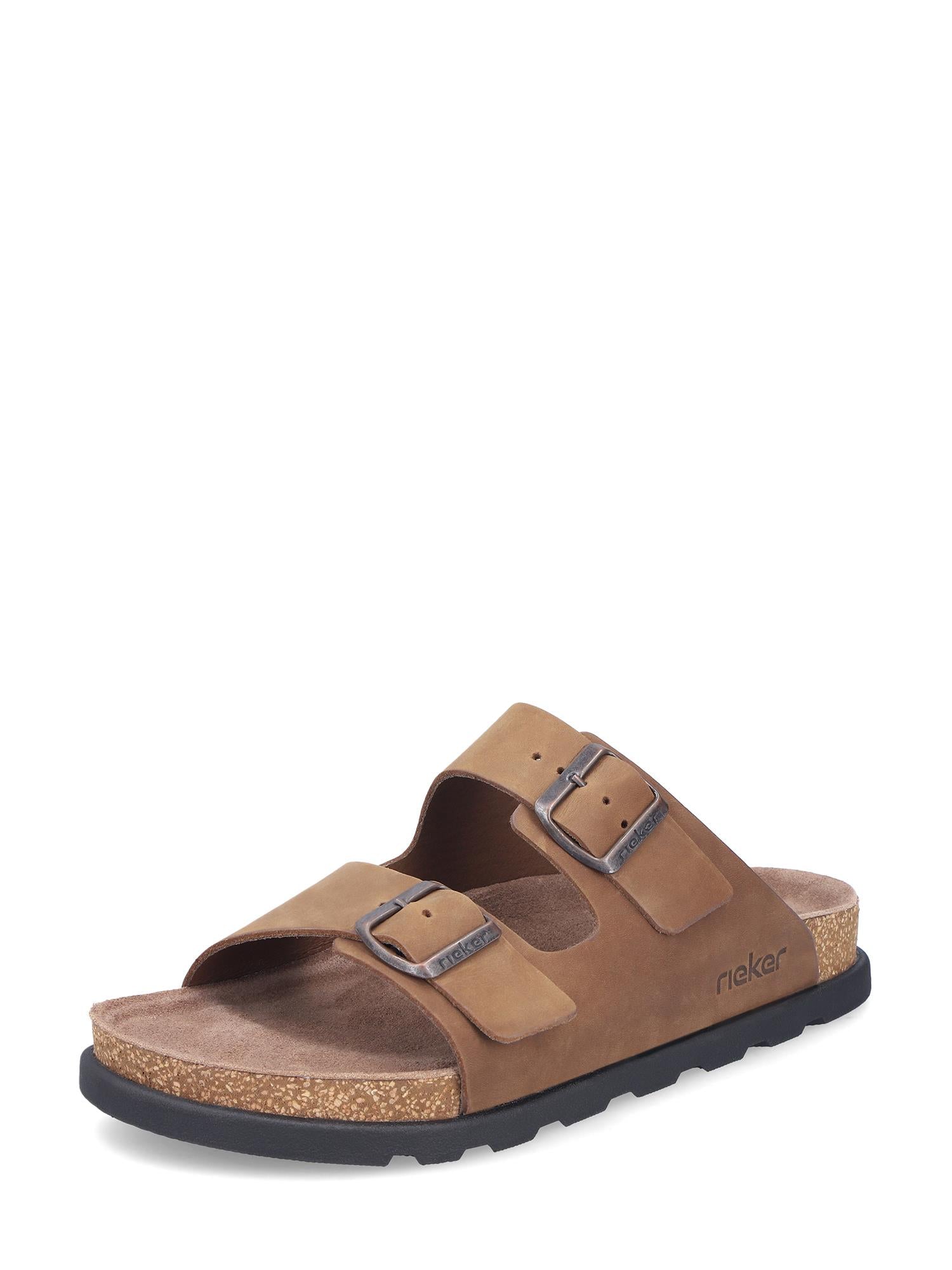 02925 Rieker Brenton Brun Herresandal fra Rieker Comfort & Style har brun semsket skinn, to justerbare spenneremmer, en fotseng av kork, svart gummisåle og preget merkevare nær hælen.