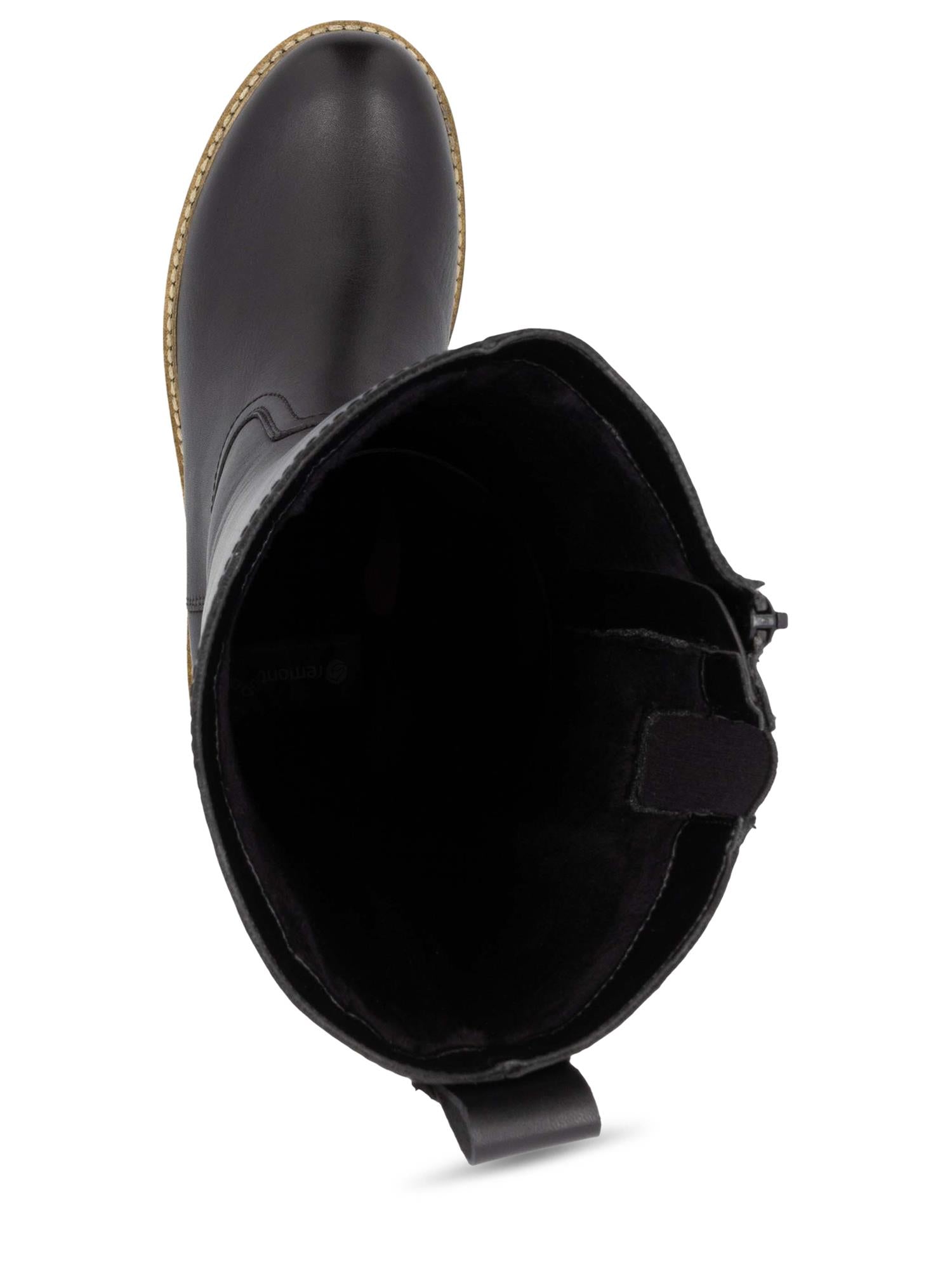 Remonte 04779 Wide ullfôrede skinnstøvler i svart med brun såle, med varmt innerfôr og trekkstropp bak - ideelle for vinterstøvler dame som vil ha stil og komfort.