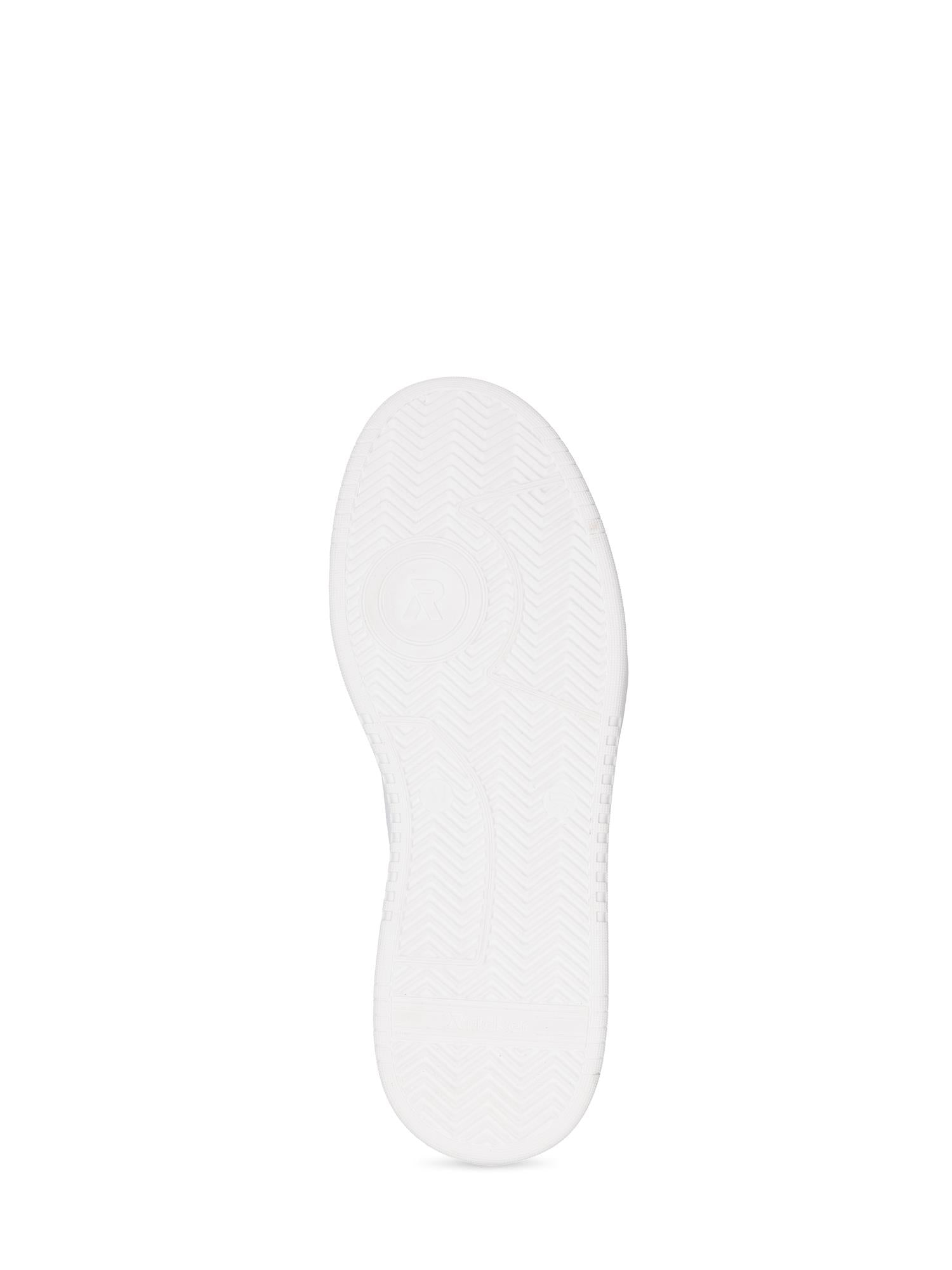 Bildet viser den hvite sålen på 03320 Rieker Sportivo Leather Sneaker fra Rieker Sport, med fiskebeinsmønster og sirkulære grepdetaljer i midten, mot en vanlig hvit bakgrunn.