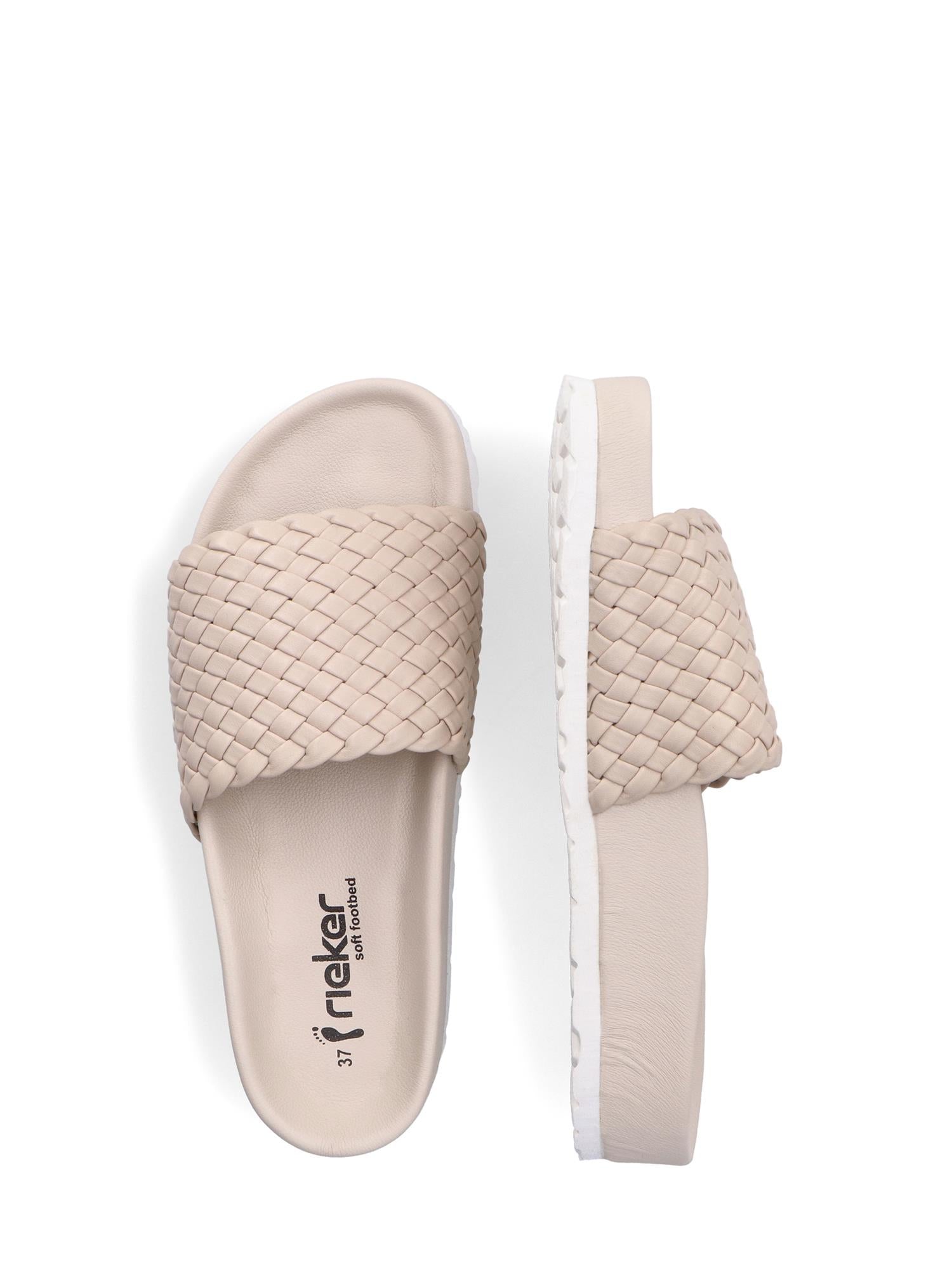 08093 Rieker Ginger Braid Sandal fra Rieker Comfort & Style har tykke beige flettede reimer, hvite såler, antistress-teknologi og en polstret fotseng for komfort hele dagen. Vist ovenfra og fra siden.