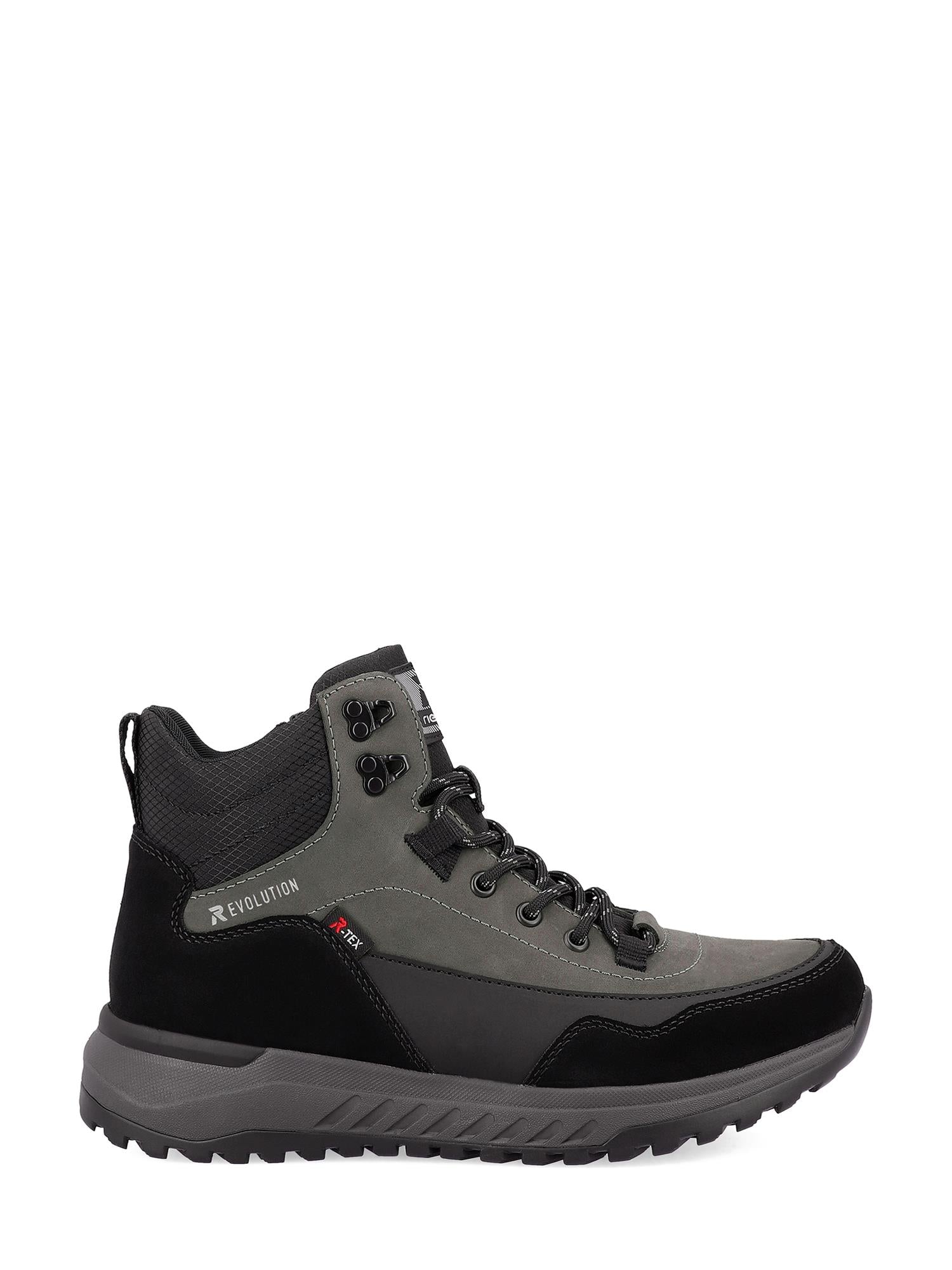 Rieker Sport 04505 Rieker-Evolution Coal Boot Tex-Membran Ice-Grip er en grå og svart snørestøvel med ankelstøtte, robust såle, metalløyer og TEX-membran for værbeskyttelse, vist fra siden på hvit bakgrunn.
