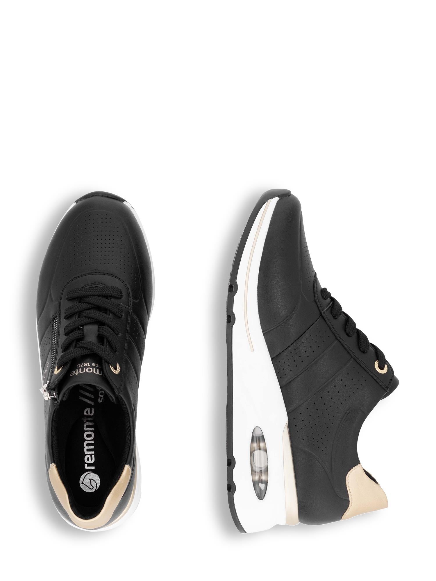 Et par svarte Remonte 03139 Soft Air-Tech joggesko for kvinner med hvite såler, beige hældetaljer og snøring foran. Vist ovenfra og fra siden for å fremheve Remontes Soft Air-Tech og Antistress-teknologi for ekstra komfort.